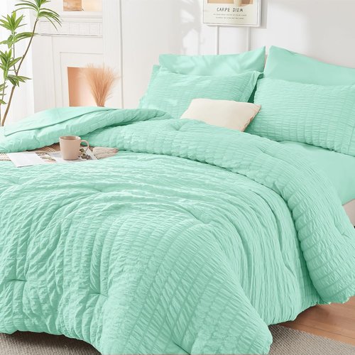 HYMOKEGE California King Comforter Set - Mint Green Seersucker 7-Piece Luxury Bedding Set