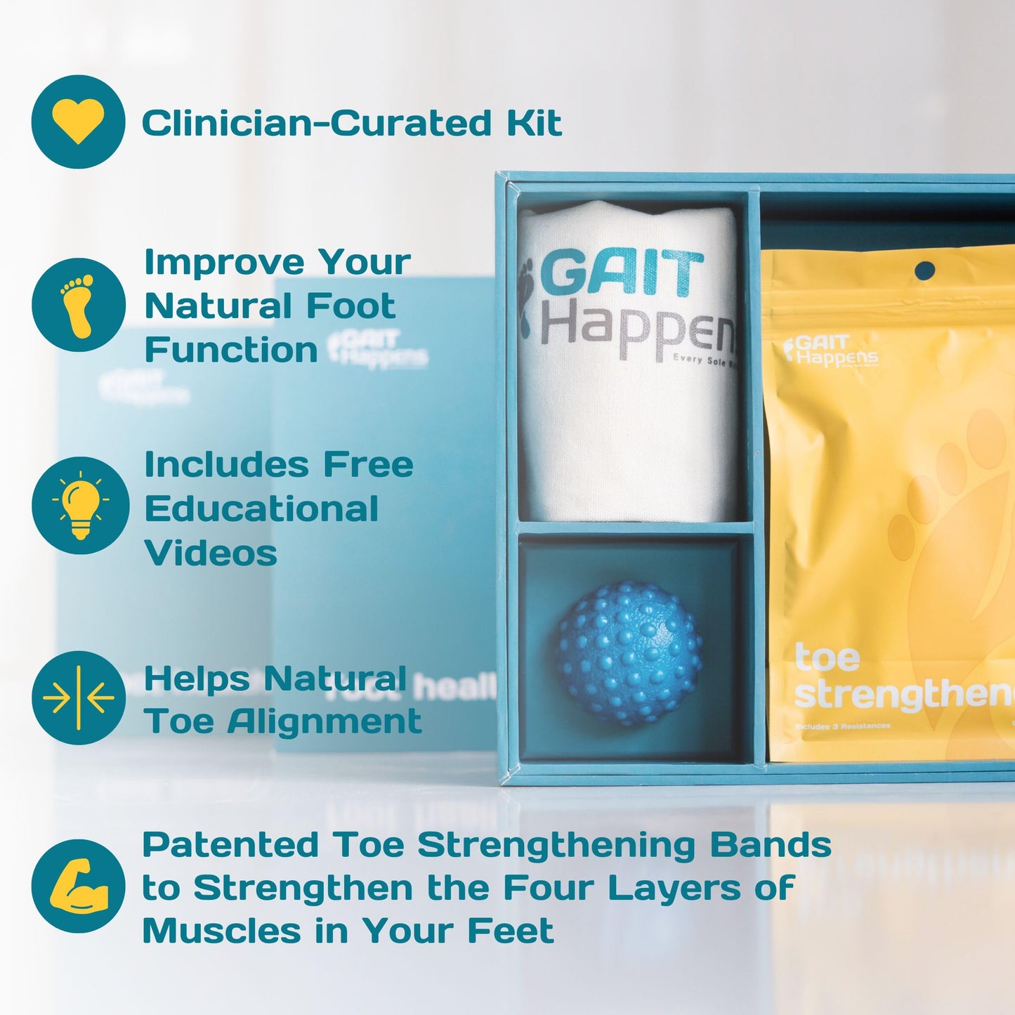 Gait Happens Foot Health Kit – Strengthen & Mobilize Your Feet. Includes: Toe Spacers, Toe Strengtheners, Massage Ball, Resistance Band and Carrying Bag