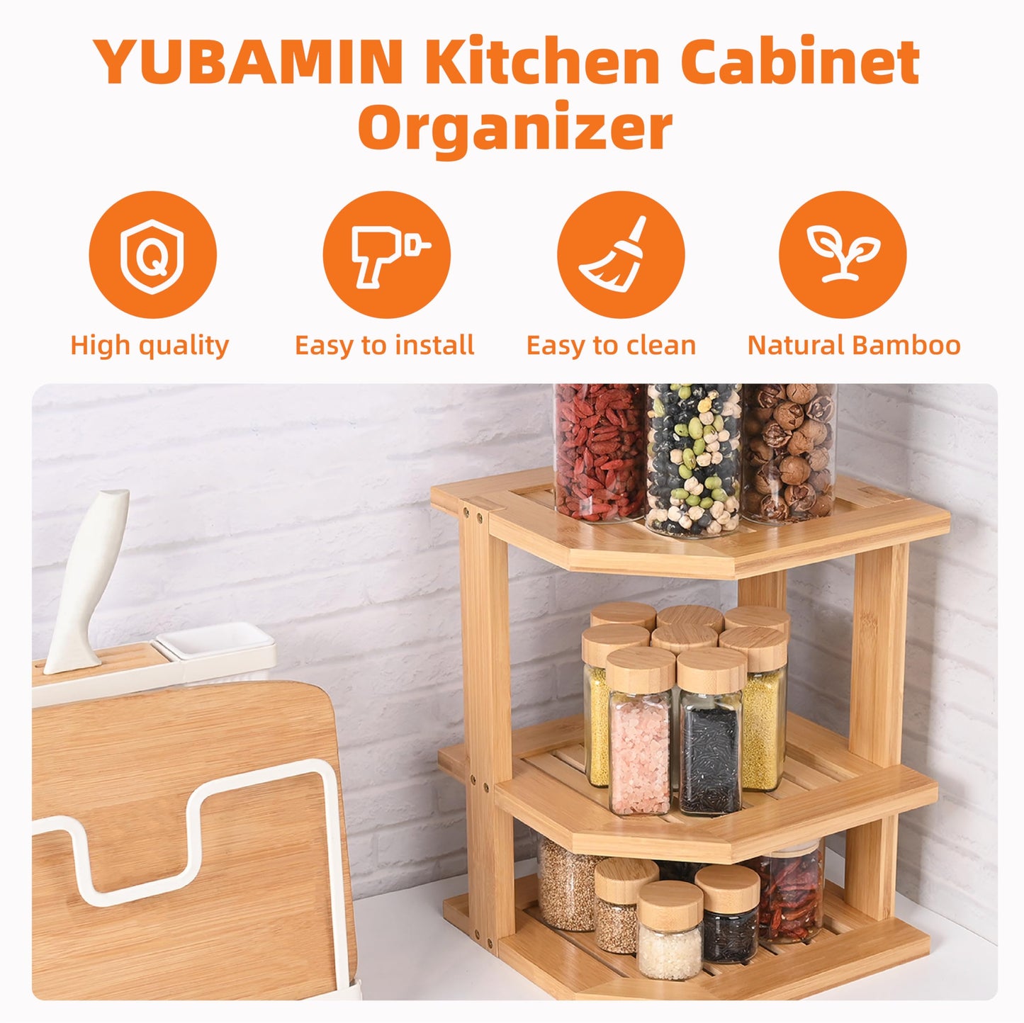 YUBAMIN Bamboo Kitchen Cabinet Organizer, 3 Tier Spice Rack Organizer for Cabinet, Space-Saving Spice Corner Shelf, Multi-Purpose Kitchen Counter Shelf for Spices, Plates, Fruits, Bread and Canned