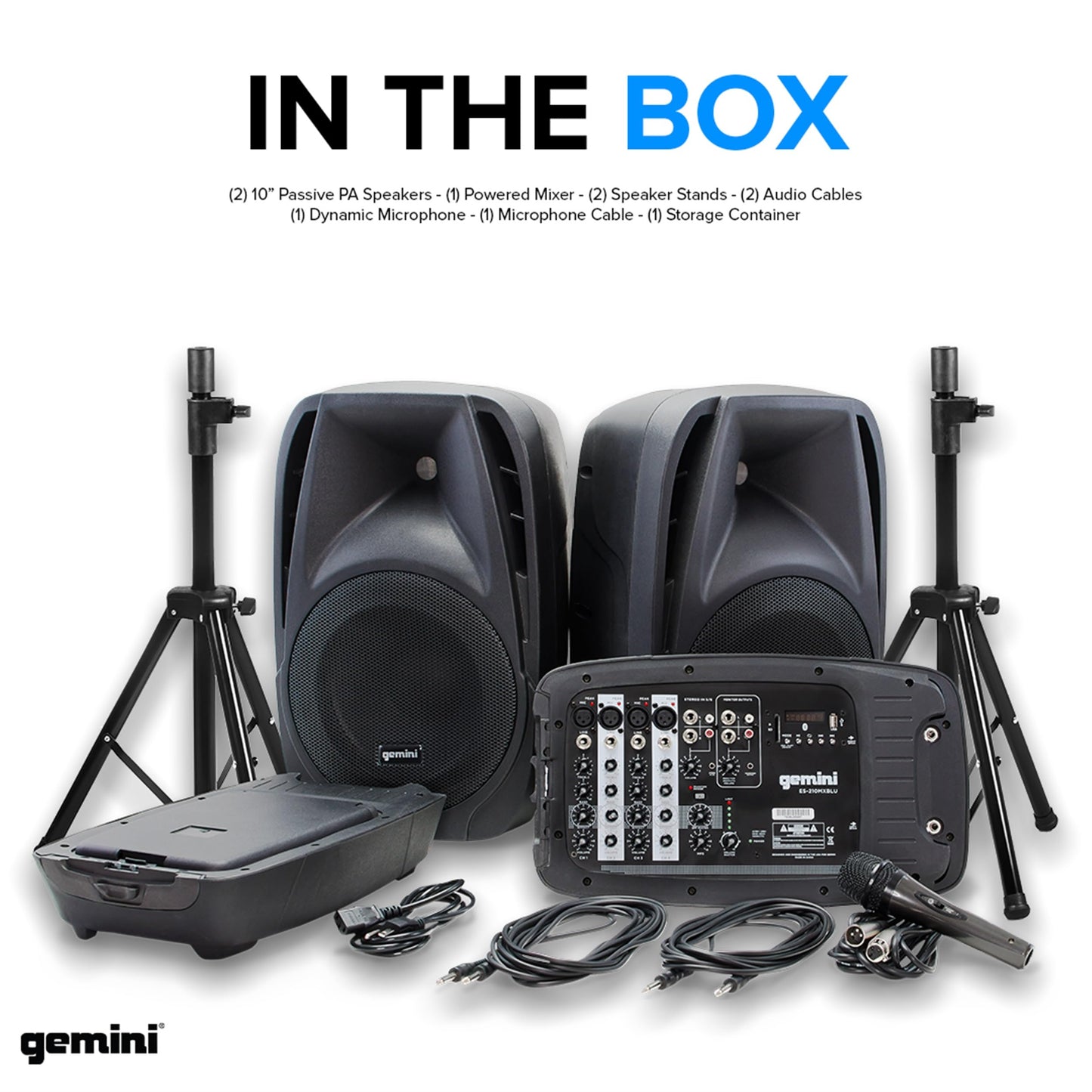 Gemini Portable PA System Bundle with Stands – 6-Channel Powered Mixer, Dual 10" Speakers, Wired Mic & Cables – Bluetooth Music Streaming for DJs, Karaoke & Small Events (ES-210MXBLU-ST)