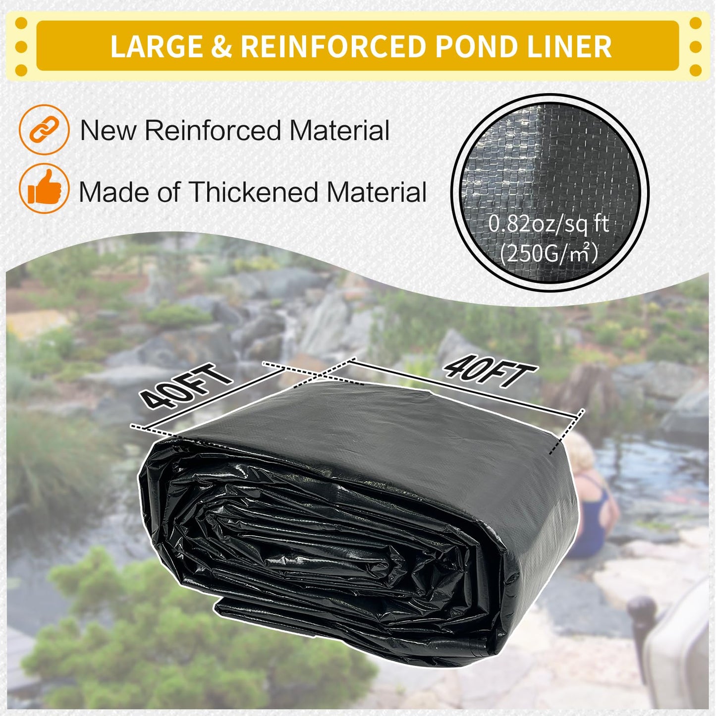 yeezoo 40X40FT Reinforced Large PE Pond Liner, KOI Pond Liners for Outdoor Ponds, Enhanced 5-Layer Structure Pond Liner for Fish, Duck, Garden Raised Bed and Waterscape Pond(0.82oz/sq ft Thickness)