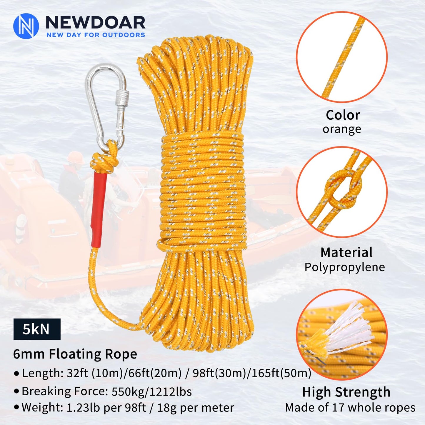 NewDoar 6mm Marine Floating Rope High-Strength Braided Reflective Anchor Mooring Rope with Hook 10M 20M 30M 50M Dock Lines for Boating,Camping,Anchoring, Fishing,Mooring,Tent Canopy-Yellow/10M