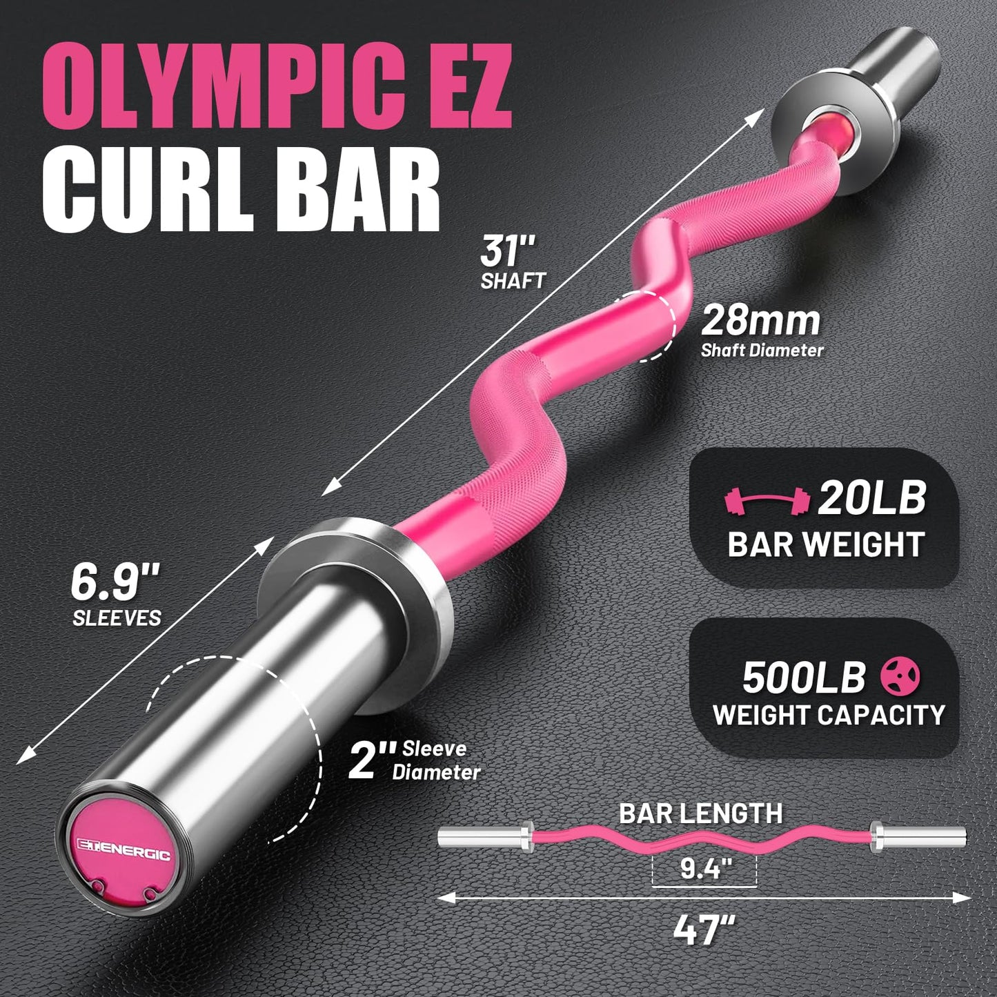E.T.ENERGIC 47" Olympic EZ Curl Bar - 500lb Capacity, Pink Shaft & Sliver Chrome Sleeves, Knurled Grip - 2" Plate Compatible for Weightlifting, Strength Training, Home & Commercial Gyms