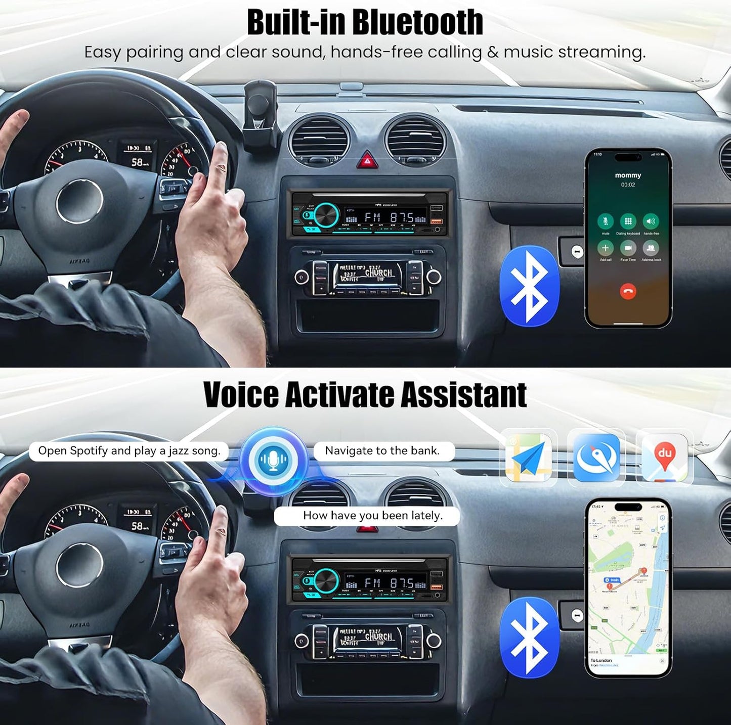 SIXTOP MP3 Single Din Bluetooth Car Radio Stereo Hands-Free Calls Push to Talk Voice Assistant Multimedia Audio System