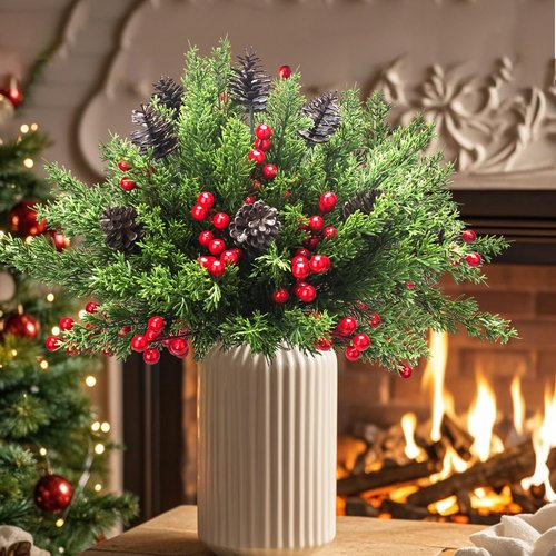 Grunyia Christmas Decorations - 68 Pcs Artificial Pine Greenery Picks with Pinecones & Berries | Holiday Table Centerpiece Decor