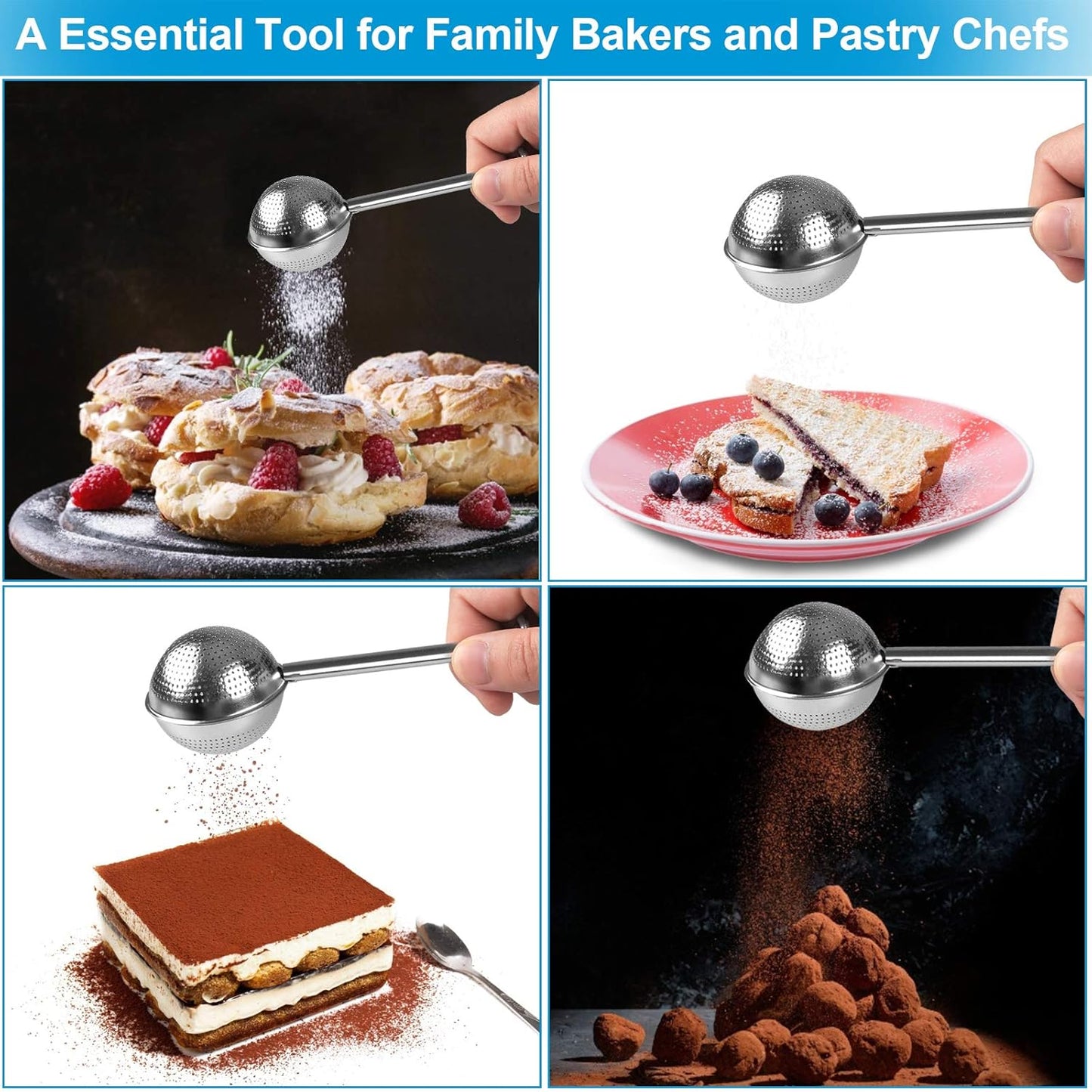 Skiennix Bakers Dusting Wand Set - Stainless Steel Flour Duster for Sugar & Spices | One-Handed Operation