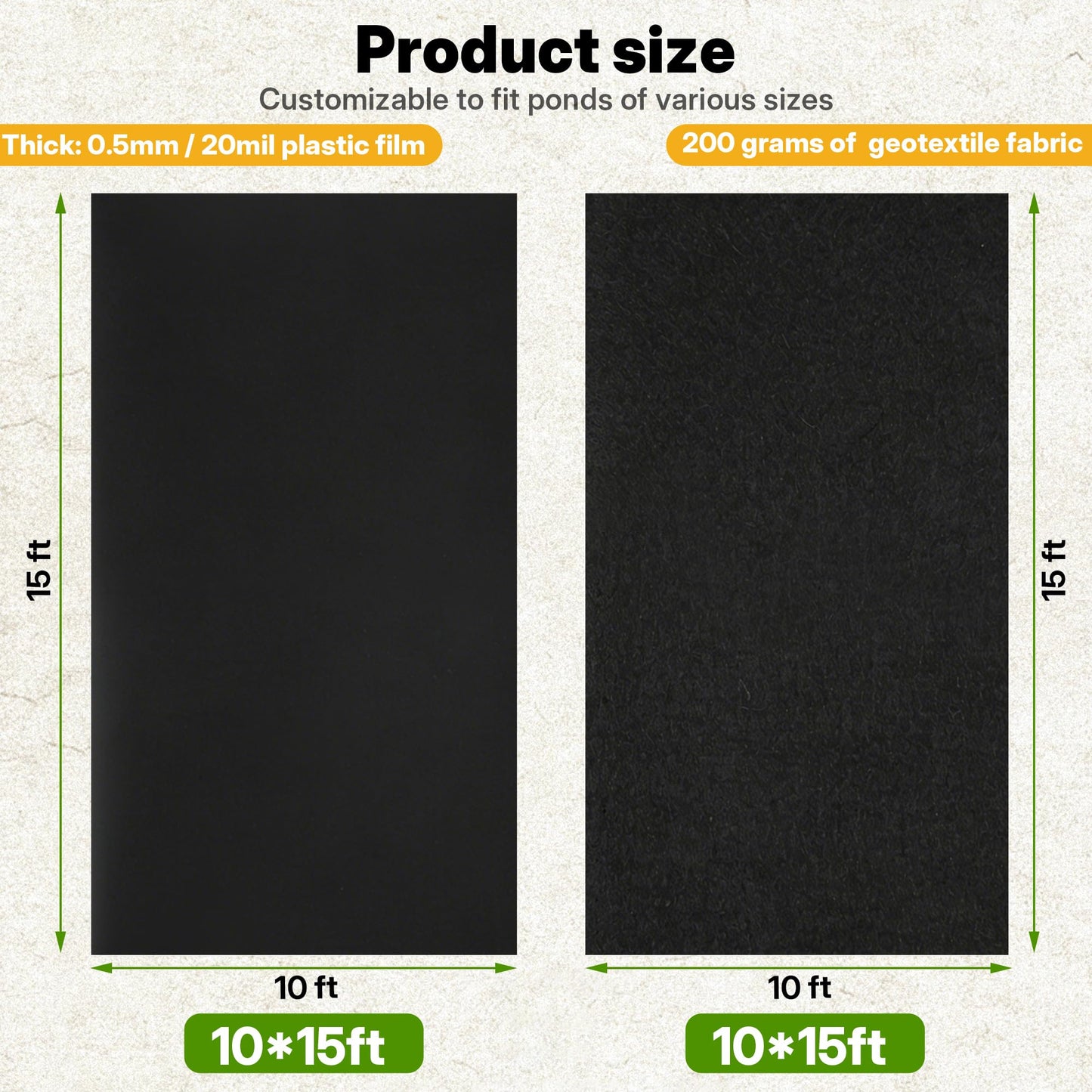 Chonway Heavy Duty Pond Liner Underlayment Combo - 10 X 15ft Non Woven Geotextile Fabric & 20 mil Pond Liners for Outdoor Ponds, Fish/Koi/Garden/Lifeguard Pond Liner