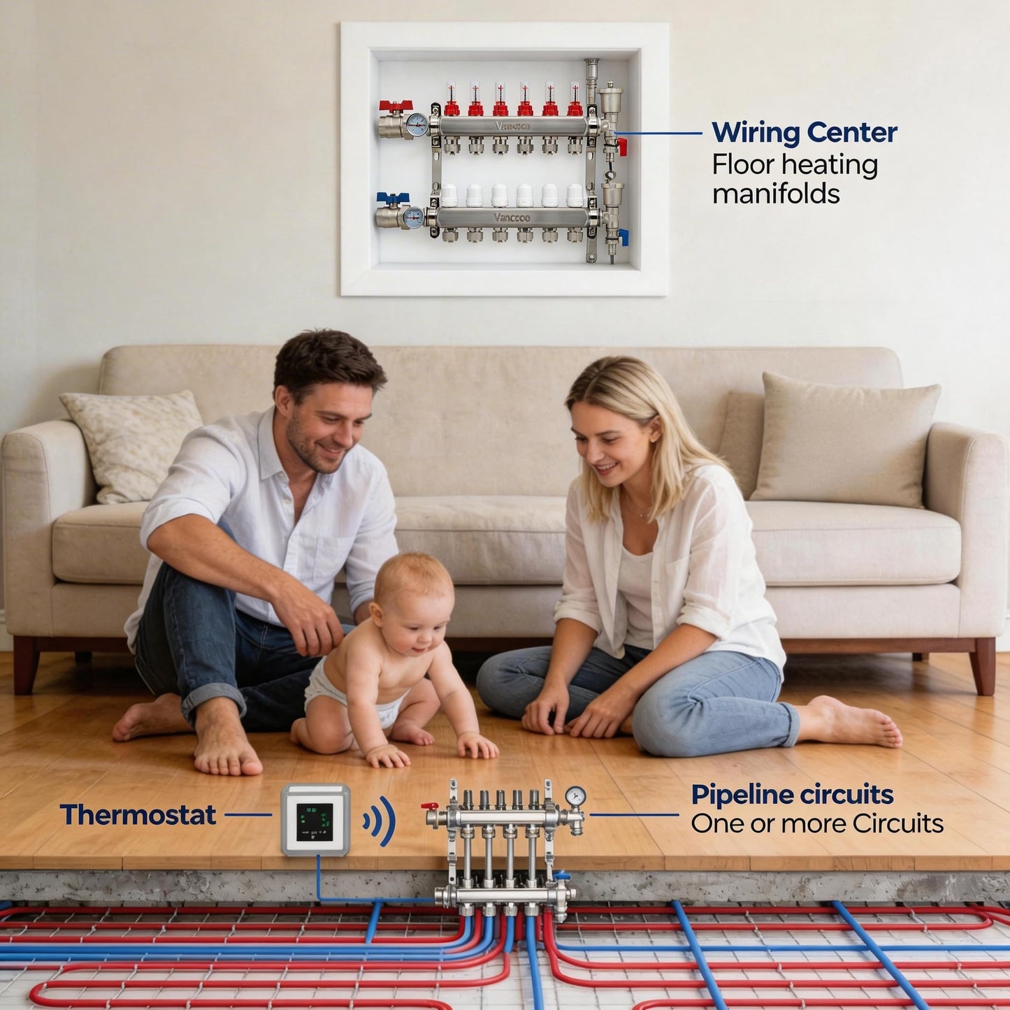 ‌VANCOCO 6 Loop Radiant Floor Heating Manifold, Stainless Steel Infloor Radiant Heat Manifold for Hydronic Radiant Floor Heating with1/2" Adapters