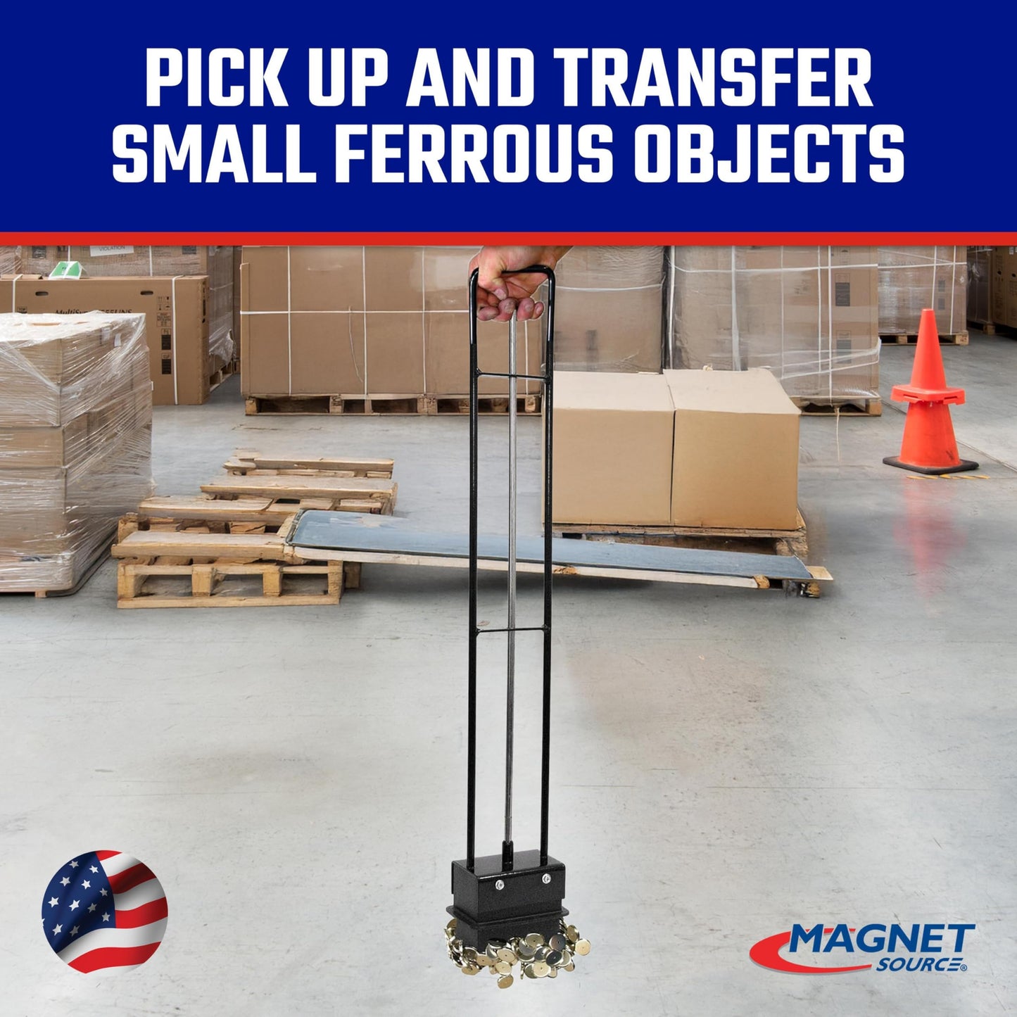 Master Magnetics Heavy-Duty Magnetic Bulk Parts Lifter with Release and Handle - Strong Magnet with 4 to 5 lb Hold - Picks Up Nails and Other Metal - 4.375" L x 3.125" W x 32.25" H