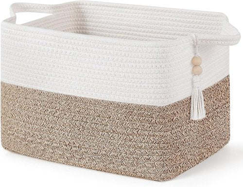 Mkono Woven Storage Basket - Decorative Cotton Rope Cube for Organizing Clothes & Toys | 13'' x 10'' x 9'', Brown & White