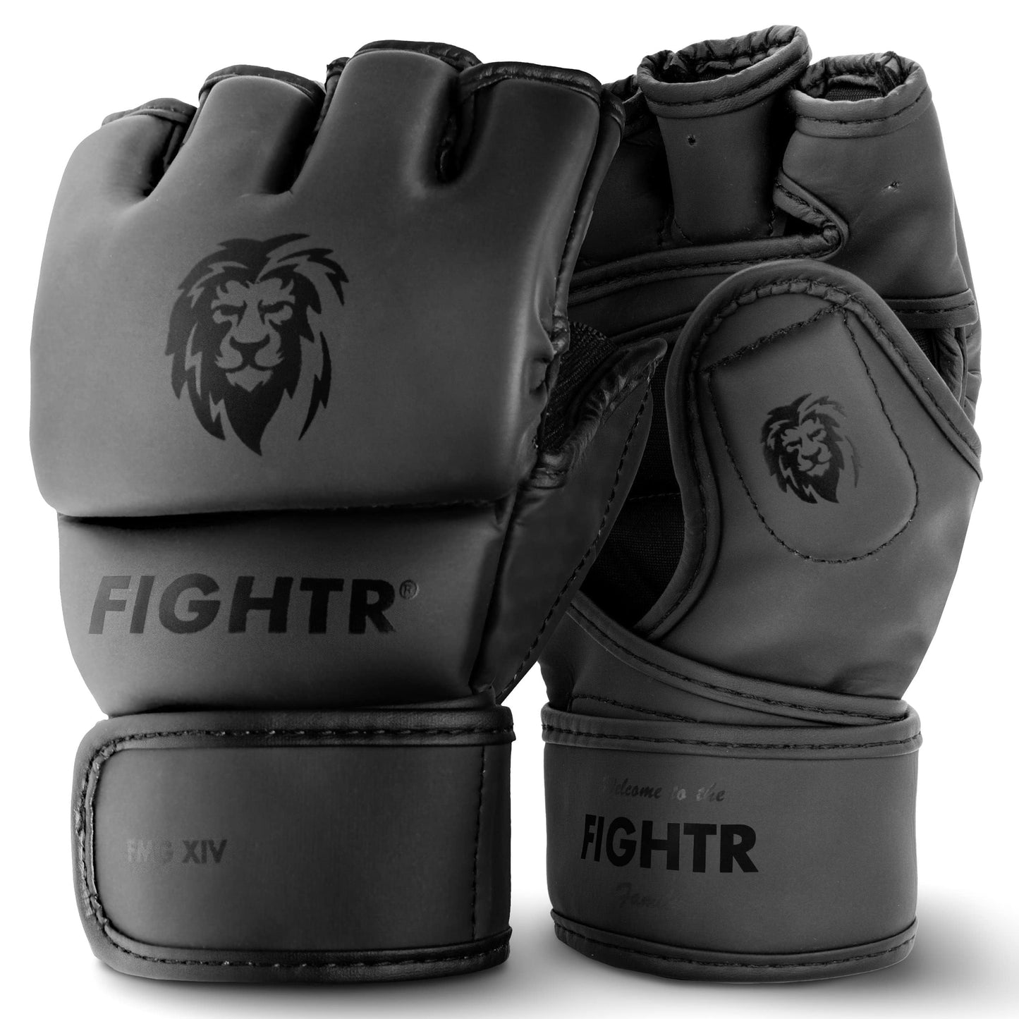 FIGHTR® Pro MMA Gloves for Grappling Sparring Training, Kickboxing Martial Arts Muay Thai Punching Bag Mitt Training Boxing for Men and Women | incl. Carrying Bag (All Black, L)