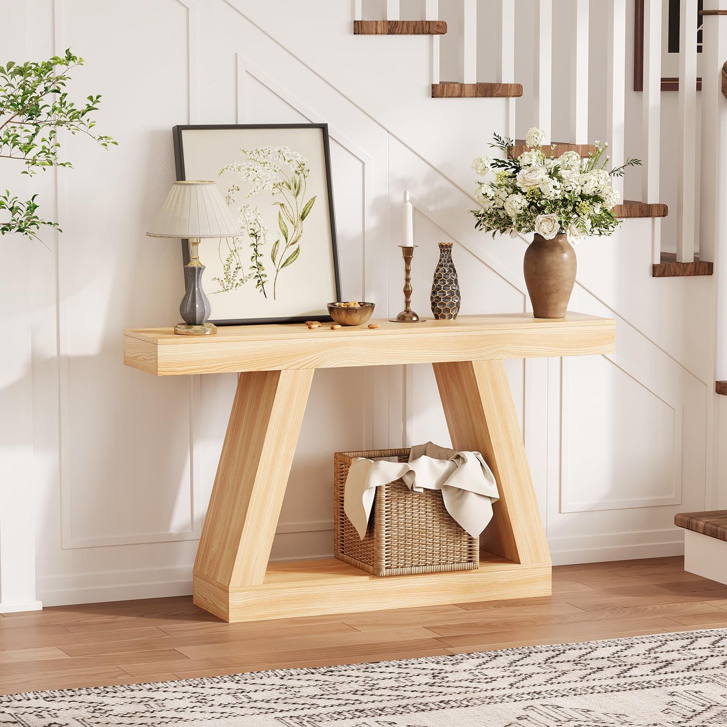 GarveeHome Farmhouse Console Table, 2-Tier Wooden Trapezium Sofa Table with Open Storage Shelf, Industrial Entryway Furniture for Entrance, Hallway, Living Room(55.1''x11.8''x31.5''), Natural