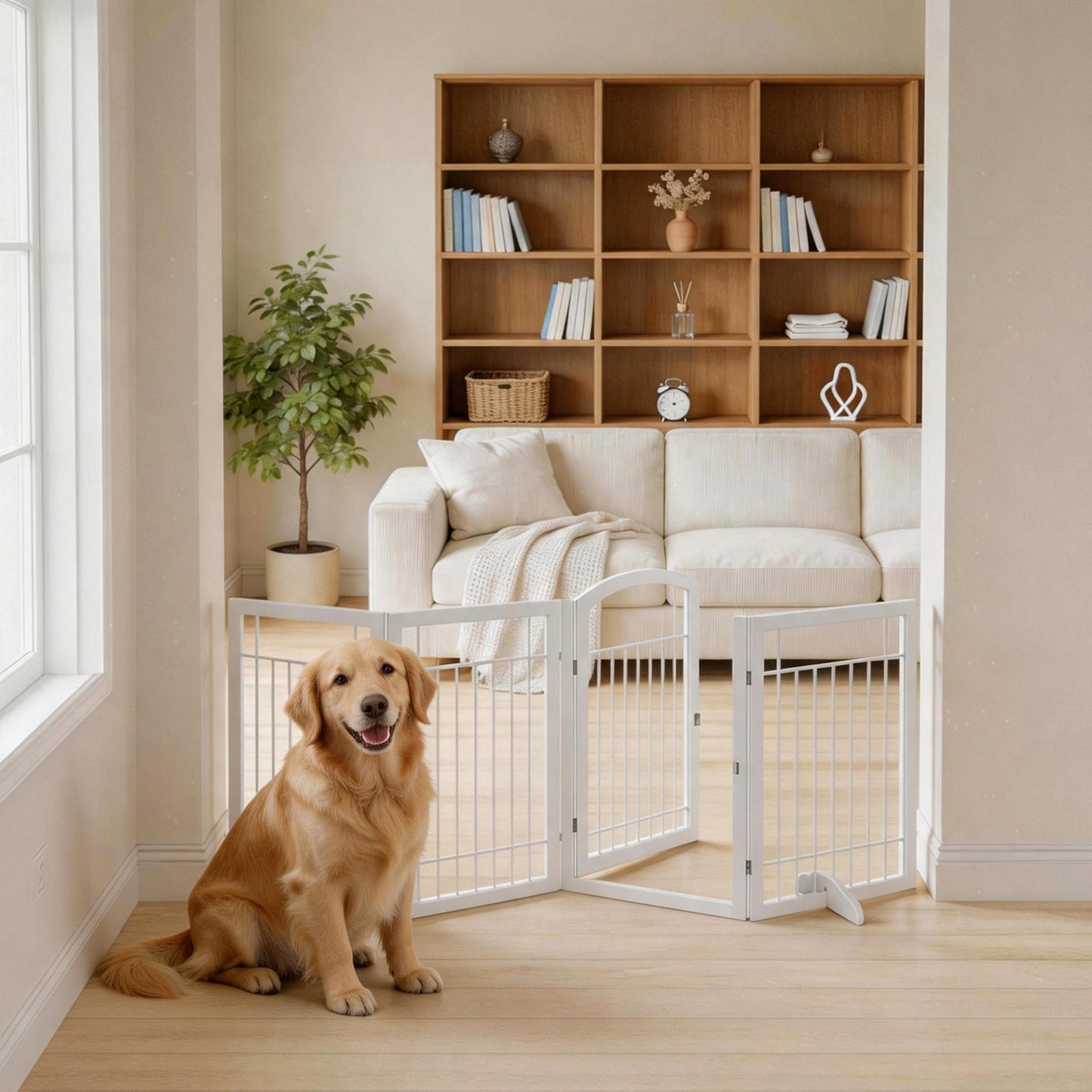 Vantas Folding Pet Gate 96" Wide, 30" Tall No-Assembly Metal Dog Gate with Door Walk Through, Freestanding Wire Pet Puppy Safety Fence, with 2PCS Support - White