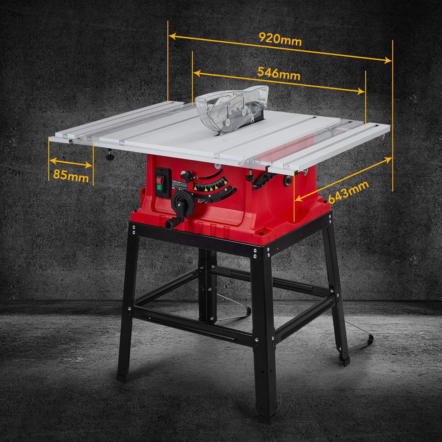 Table Saw, 10 Inch 15A Multifunctional Saw With Stand & Push Stick, 90° Cross Cut & 0-45° Bevel Cut, 5000RPM, Adjustable Blade Height for Woodworking, Red
