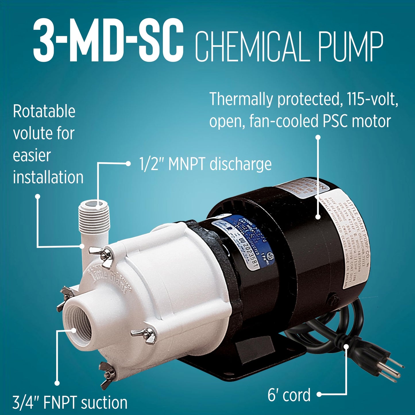Little Giant 115 Volt, 1/12 HP, 750 GPH 3-MD-SC Non-Submersible Magnetic Drive Pump for Semi-Corrosive Chemicals, 6-Foot Cord with Plug, Black/White, 581503