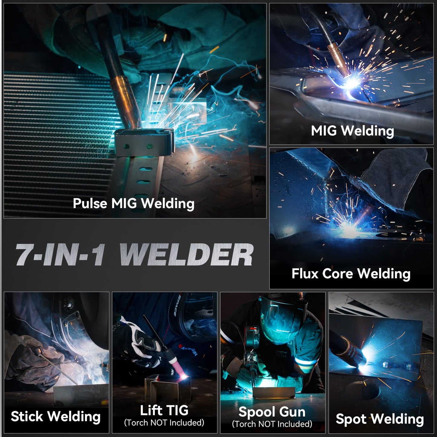 ARCCAPTAIN Pulse MIG Welder, 200A 7 In 1 Pulse MIG/Gas MIG/Flux Core MIG/Stick/Lift TIG/Spot Welding/Spool Gun 110V 220V Aluminum Welding Thin Sheet Metal Welding Machine with LED Digital Display