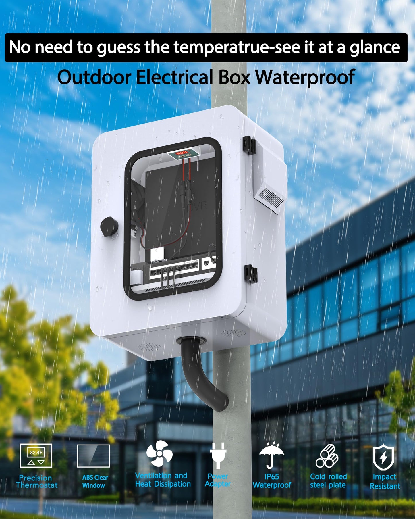Akwscyby Outdoor Electrical Box with Clear Window and Thermostat and Fan, Precise Temperature Control 0.1°F, IP65 Water Resistant Rating, Galvanized Steel, Aluminum Rear Beam(17.7" x 13.8" x 7.9")