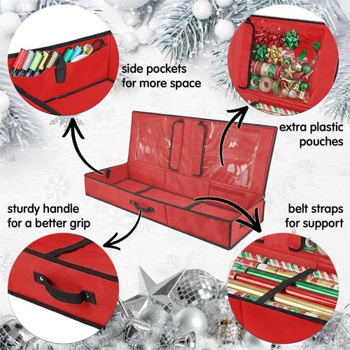 Mobi Lock Wrapping Paper Storage Box - Durable Red Organizer with Zipper & Pockets | Holds 24-30 Rolls