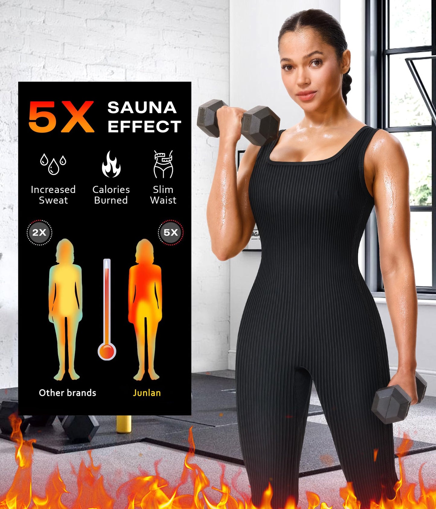 Junlan Sauna Suit Women Waist Trainer Ribbed Sweat Sauna Shirt Full Body Jumpsuit (Blue,Small)