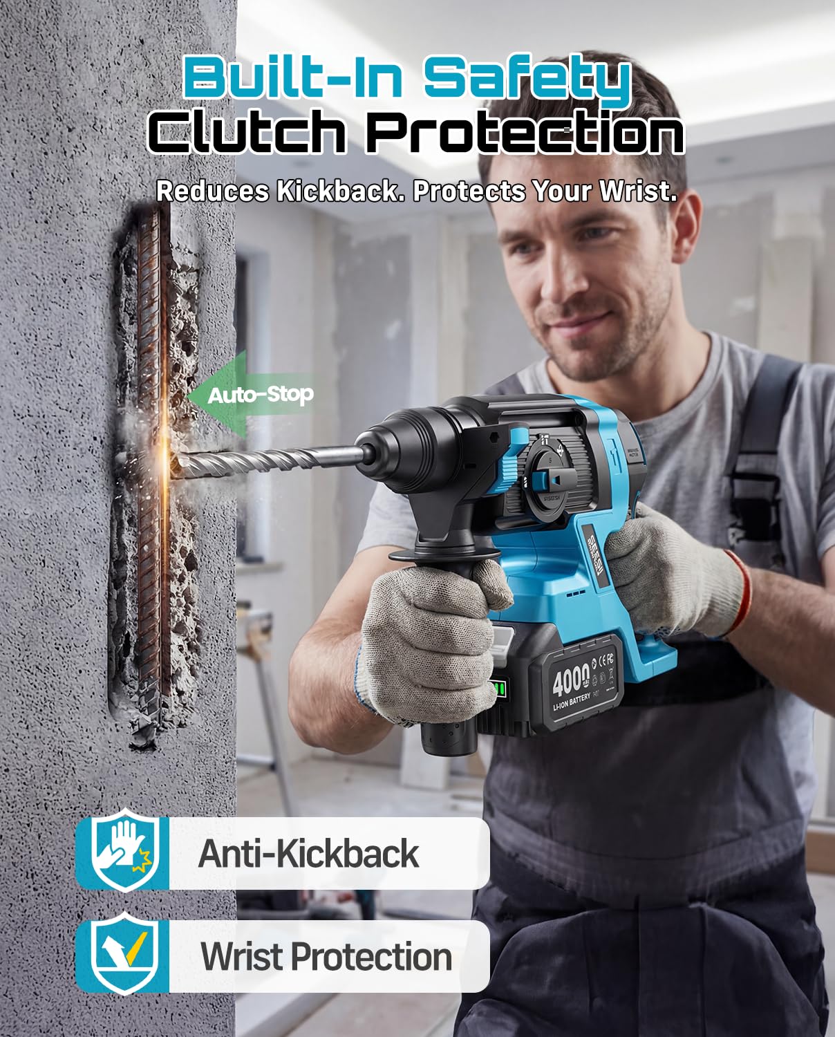 Seesii 1-Inch Cordless SDS-Plus Rotary Hammer Drill, 2.8J Impact Energy Brushless Motor, 4-Mode with Safety Clutch, 2 x 4.0Ah Batteries & Chisel/Bit Set for Concrete Drilling & Home Renovation
