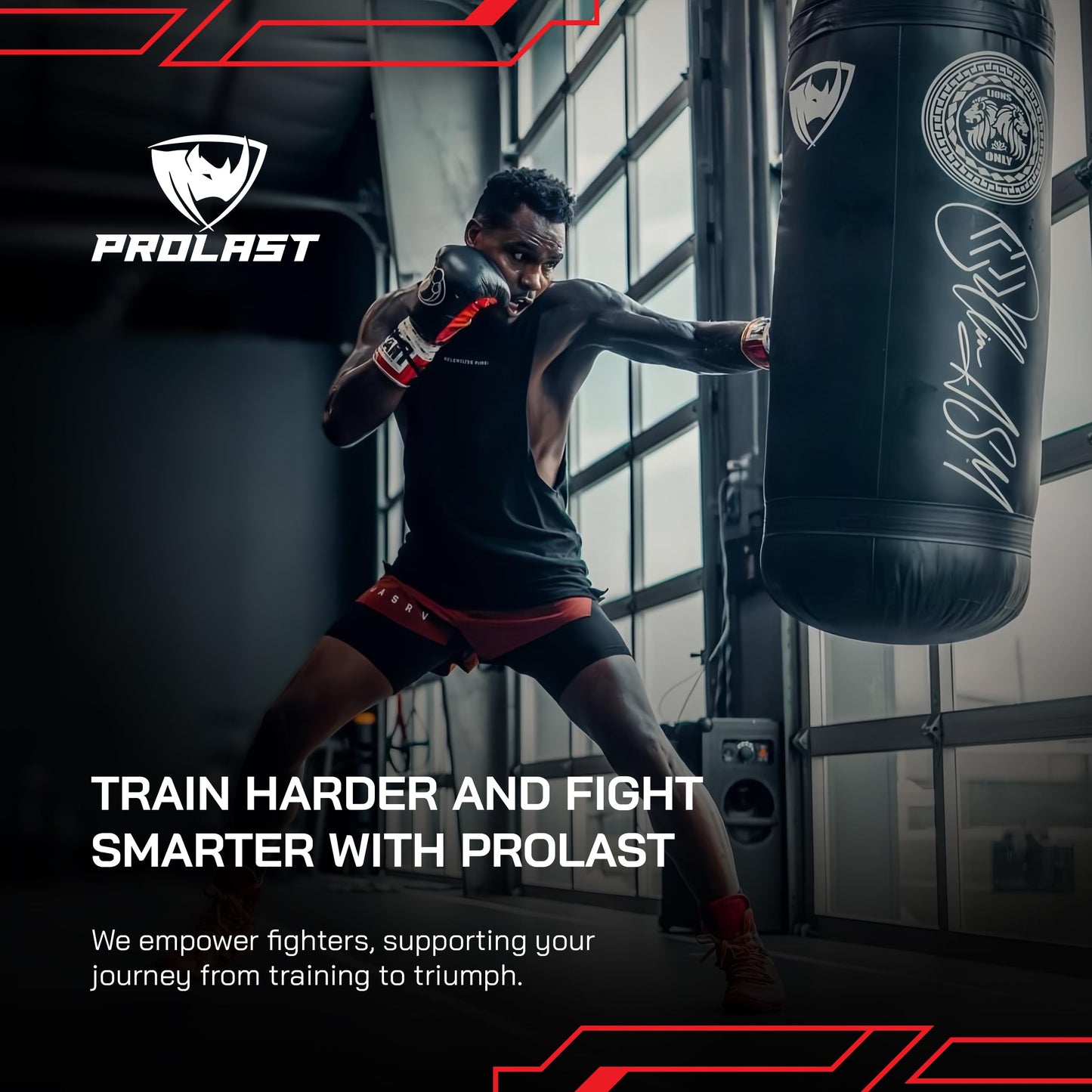 PROLAST Heavy Punching Kicking Bag for Adults, Boxing, MMA, Martial Arts, Muay Thai, Strength Training Equipment, Filled, 6ft, 150 lbs, Rhino Logo, Red and Black