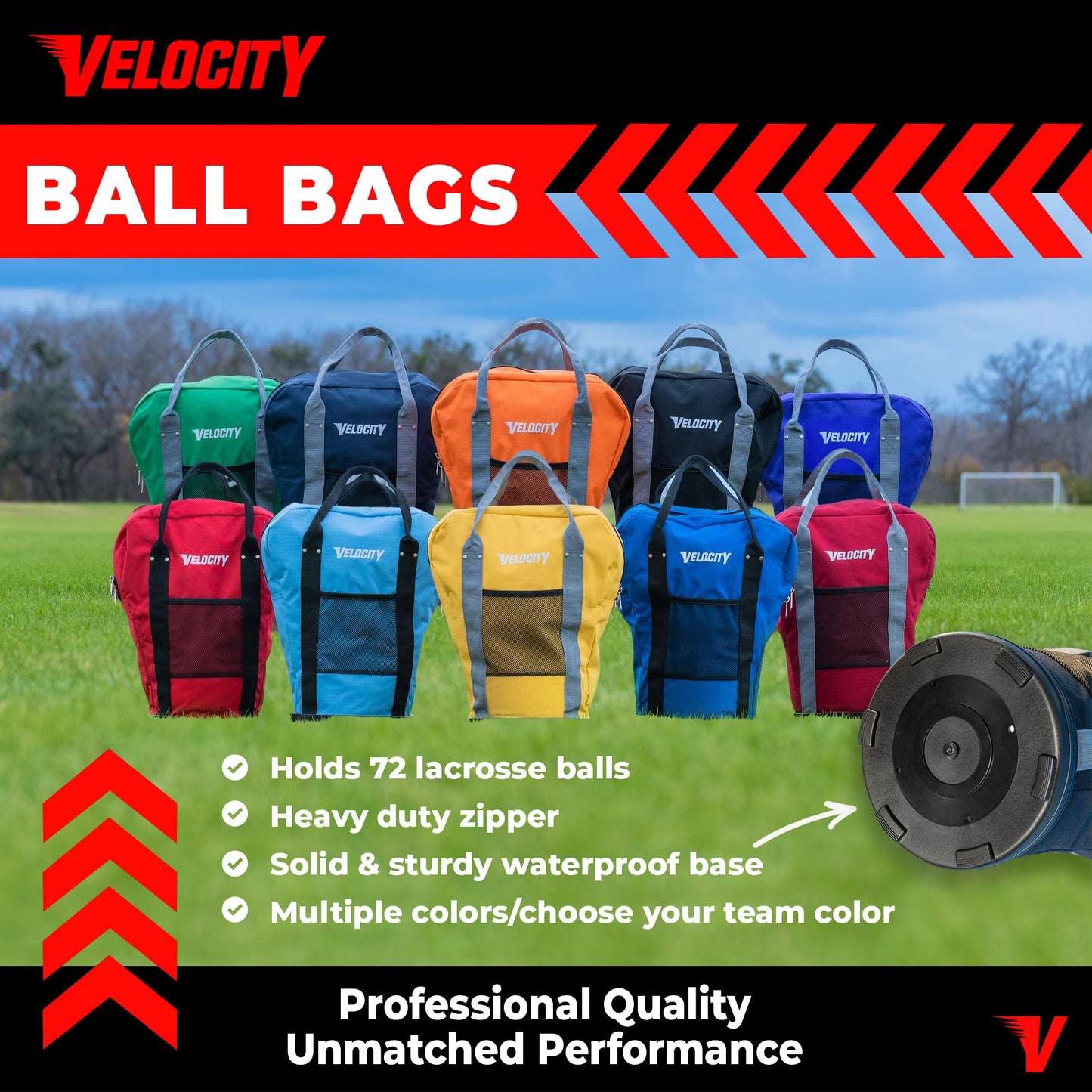 Velocity Heavy Duty Multipurpose Ball Bag with Durable Bottom - Holds up to 60-72 Balls - Ideal for Lacrosse, Baseball, Pickleball, Tennis & More, Black