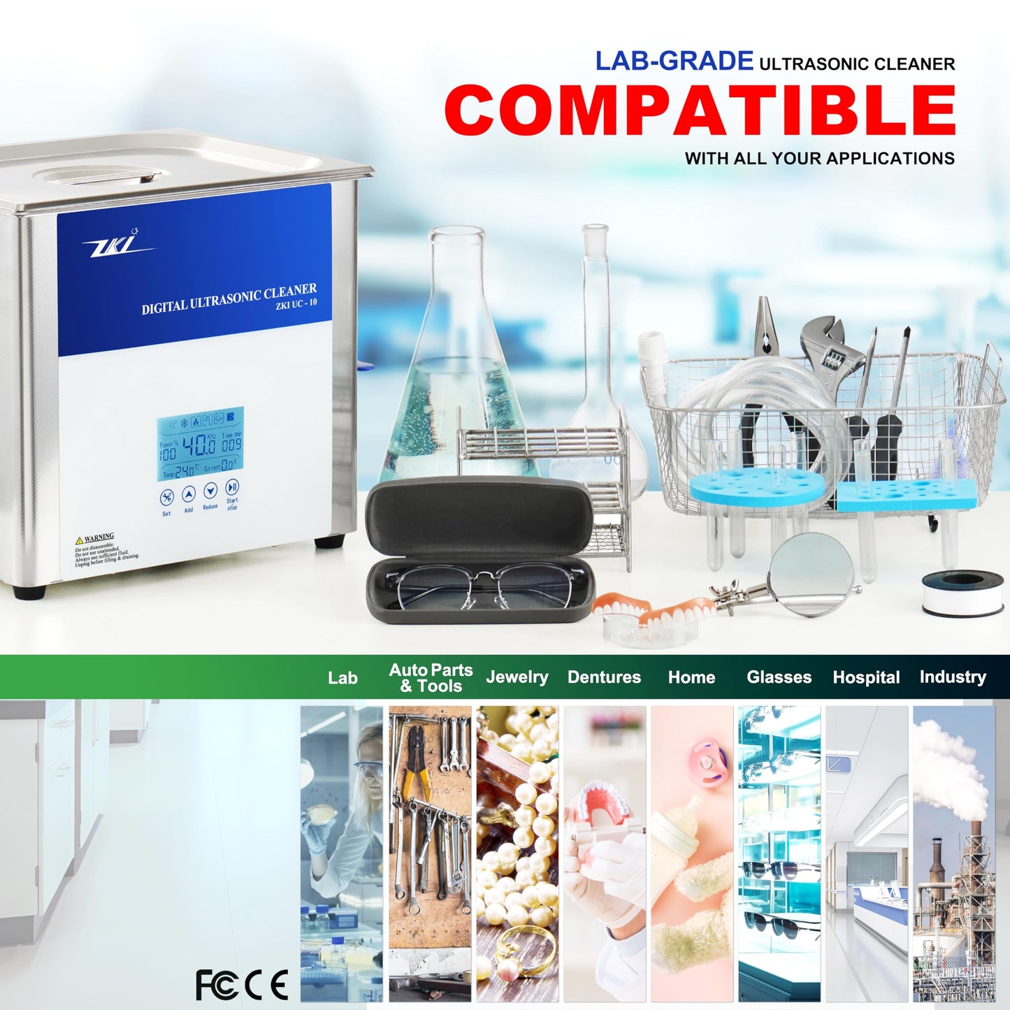 ZKI 10L Digital Ultrasonic Cleaning Machine, Adjustable Heater/Intensity/Timer Ultrasonic Cleaner, Degas Mode, Low-Noise, 12+ Hrs Run Time, Ideal for Jewelry, Lab, Glasses, Dentures, Ind. (110V/600W)