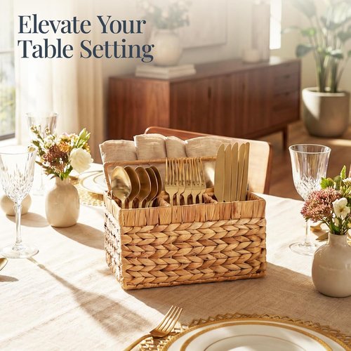 Best Choice Products Utensil Caddy - Woven Wicker 4-Compartment Silverware Organizer | Natural Cutlery Holder for Kitchen & Events