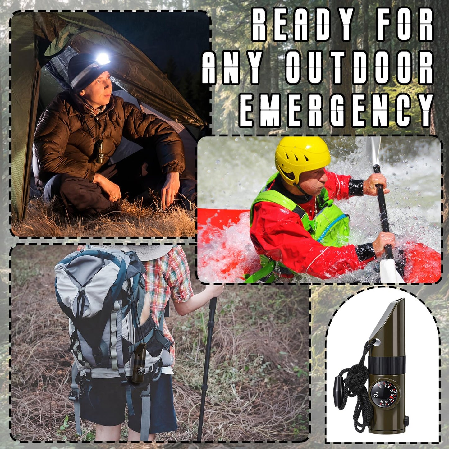 Xuhal 4 Pack Emergency Survival Whistle Loud Safety Whistle 7-in-1 Multifunctional Outdoor Survival Tool with Compass Thermometer LED Light Magnifier for Hiking Camping Boating Kayaking and Rescue