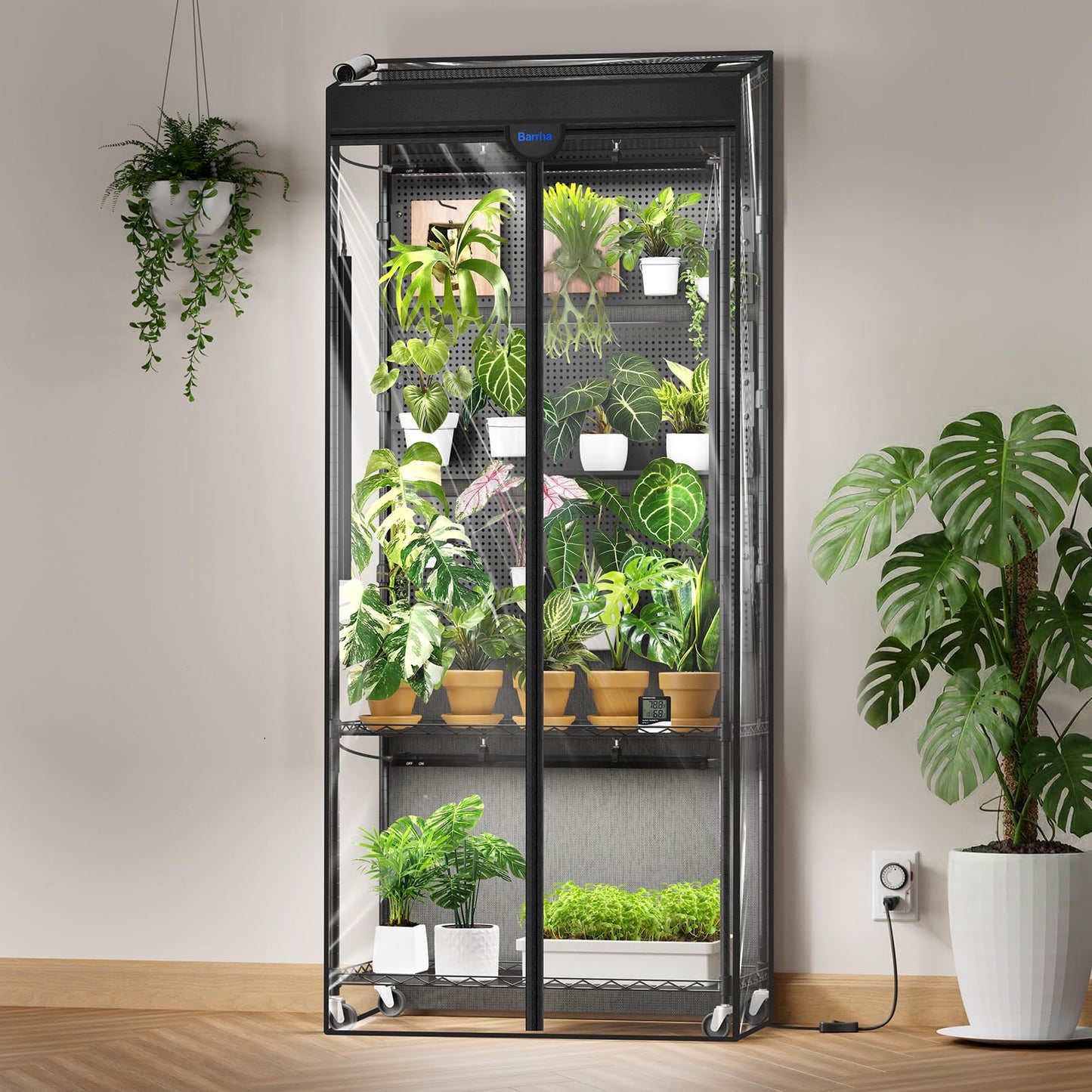 Barrina LH750 Pegboard Indoor Greenhouse with Grow Light, Plant Cabinet with 90W 5000K Full Spectrum Lamps, 3 Adjustable Pegboards, Timer, Wheel, for Foliage Plant, Seedling, 29.5x13.8x67.9IN
