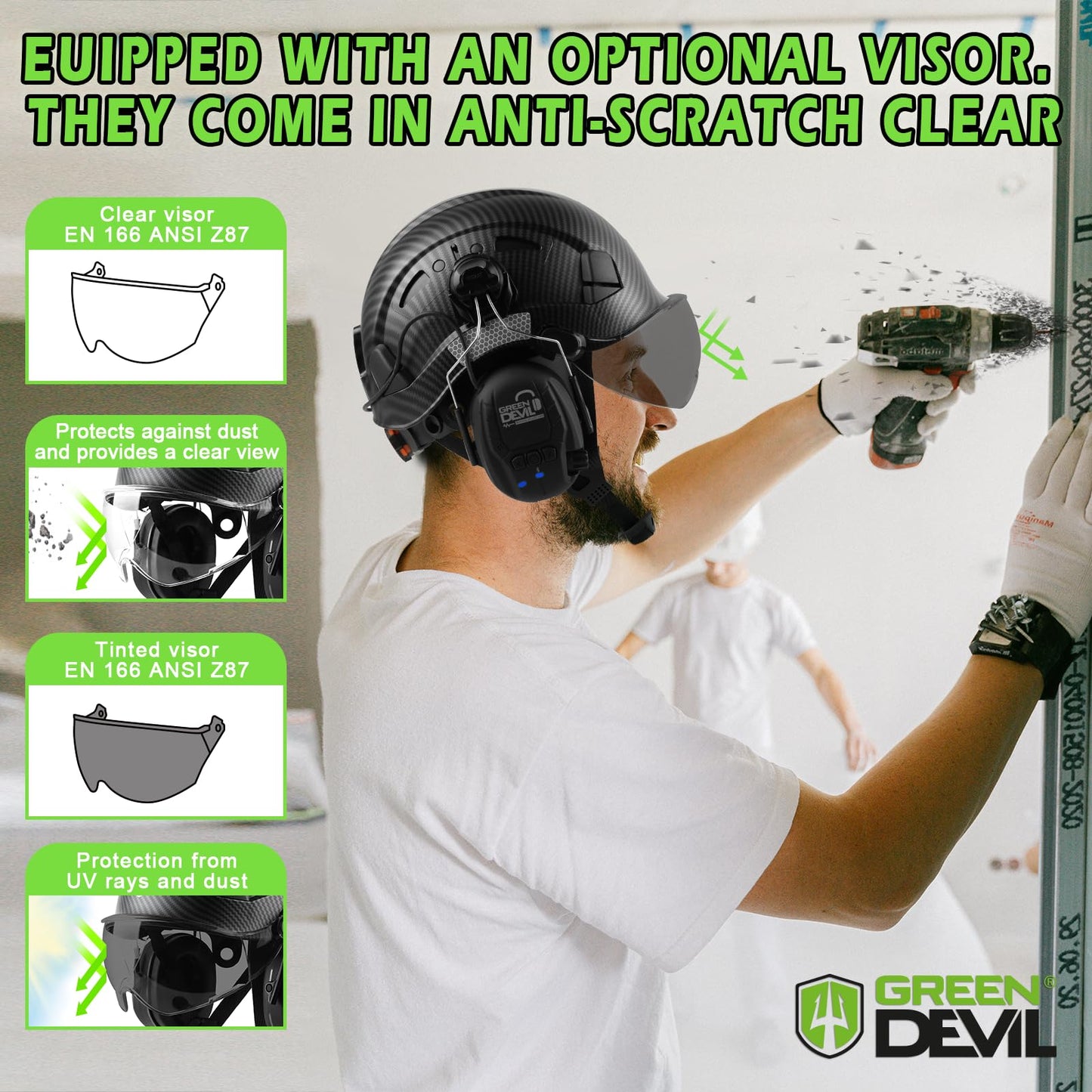 GREEN DEVIL Hard Hat with Bluetooth Ear Muffs and Visor Vented Work Safety Helmet for Men Women ANSI Z89.1 Approved Hardhat Cascos de Construccion Ideal for Industrial & Construction