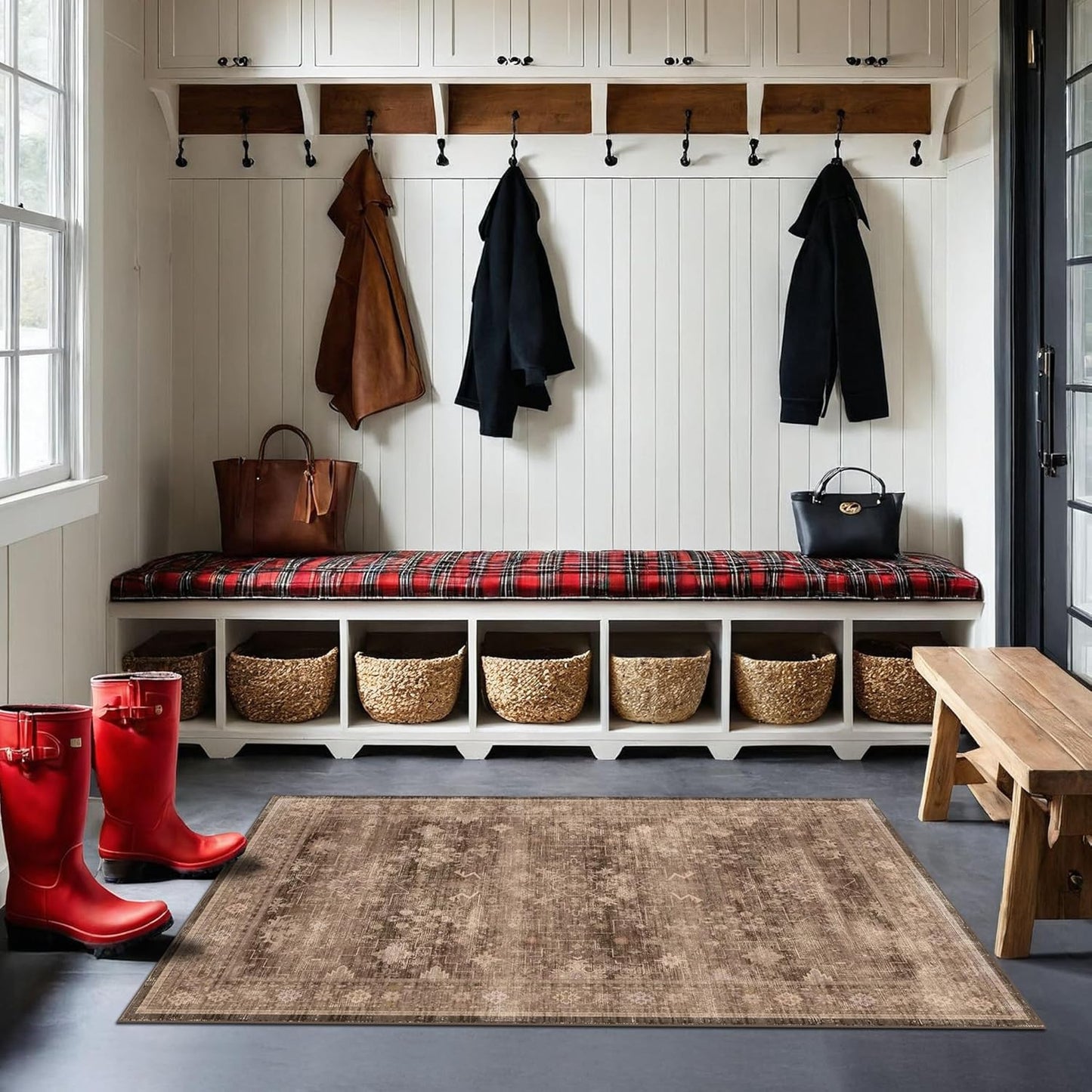 Skiennix Brown Boho Washable Entry Rug - Non-Slip Rubber Backing | Stain & Fade Resistant, 3x4 ft