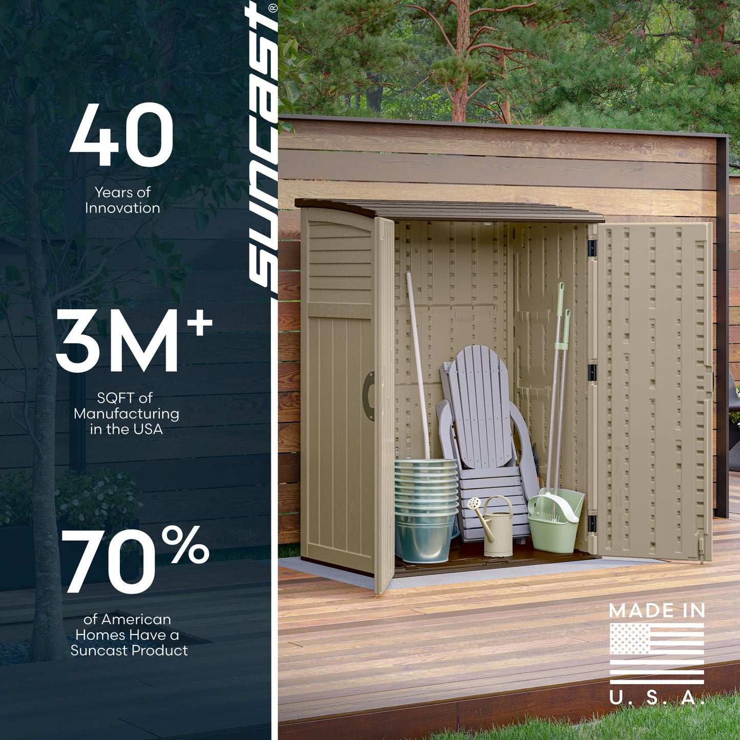 Suncast Outdoor Storage Shed, Water Resistant Resin Vertical Outdoor Storage Cabinet for Patio, Garden Tools, Cushions, & Equipment, Weatherproof Multi-Wall Design, 54 cu. ft., Made in USA