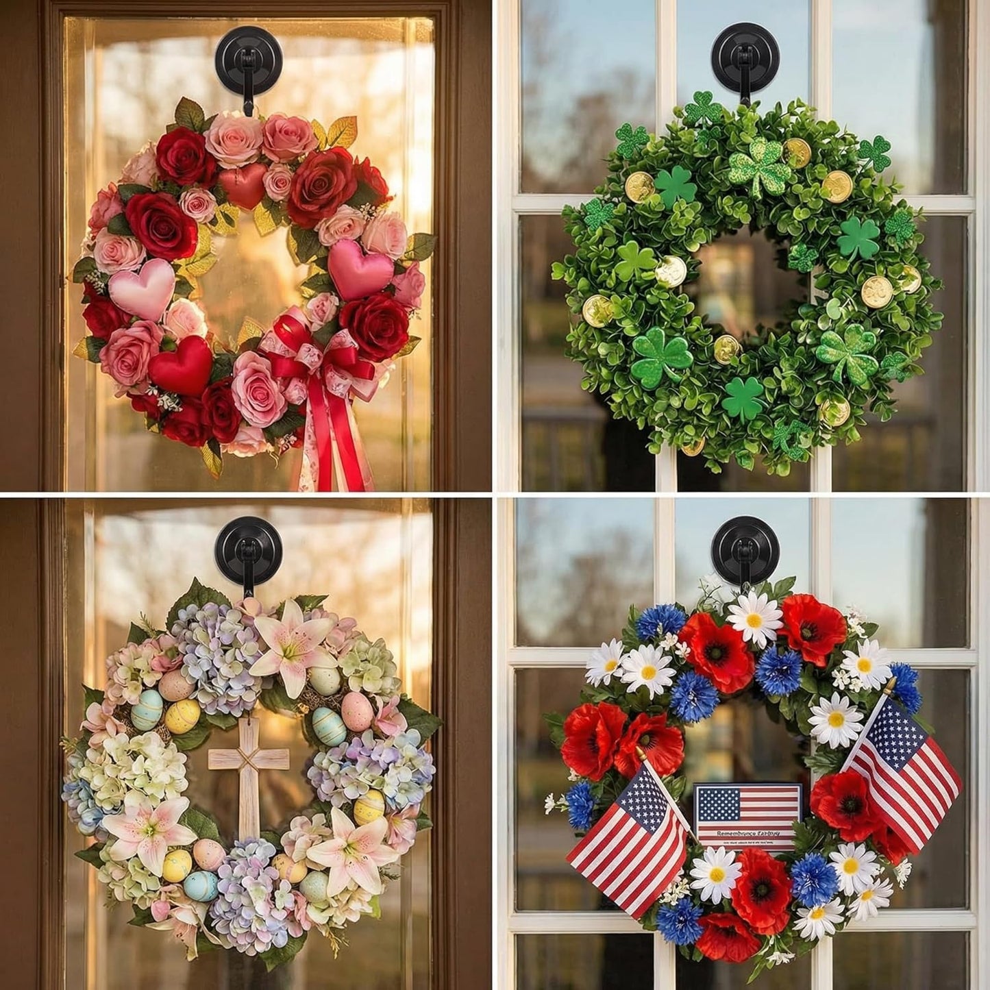 Skiennix Powerful Wreath Hangers - 4-Pack Suction Cup Hooks for Windows & Glass Doors, Antique Gold