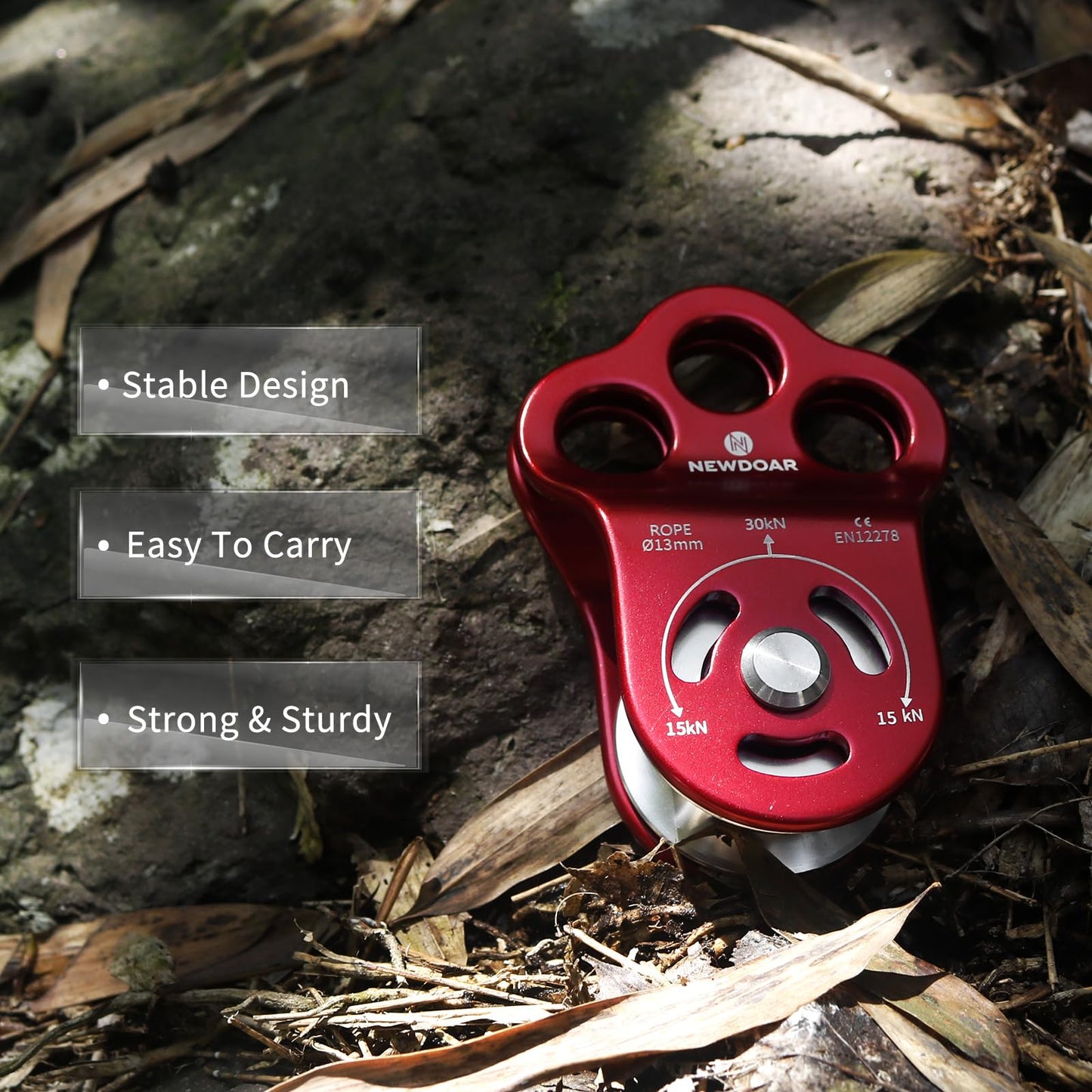 NewDoar 30 KN CE Certified Three Holes Rescue Climbing Pulley,for Max Rope 13mm Rope Hauling with Bearing Rappelling, Zipline,Durability Side Plates