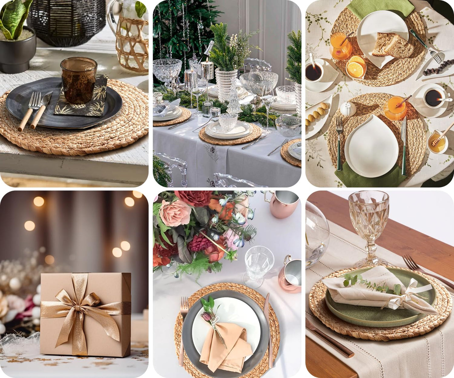 Aofmee 12 inch Round Woven Placemats Set of 6, Boho Rattan Place Mats, Natural Water Hyacinth Table Placemats, Farmhouse Weave Table Mats, Rustic Braided Wicker Charger Plates for Dining Table Decor