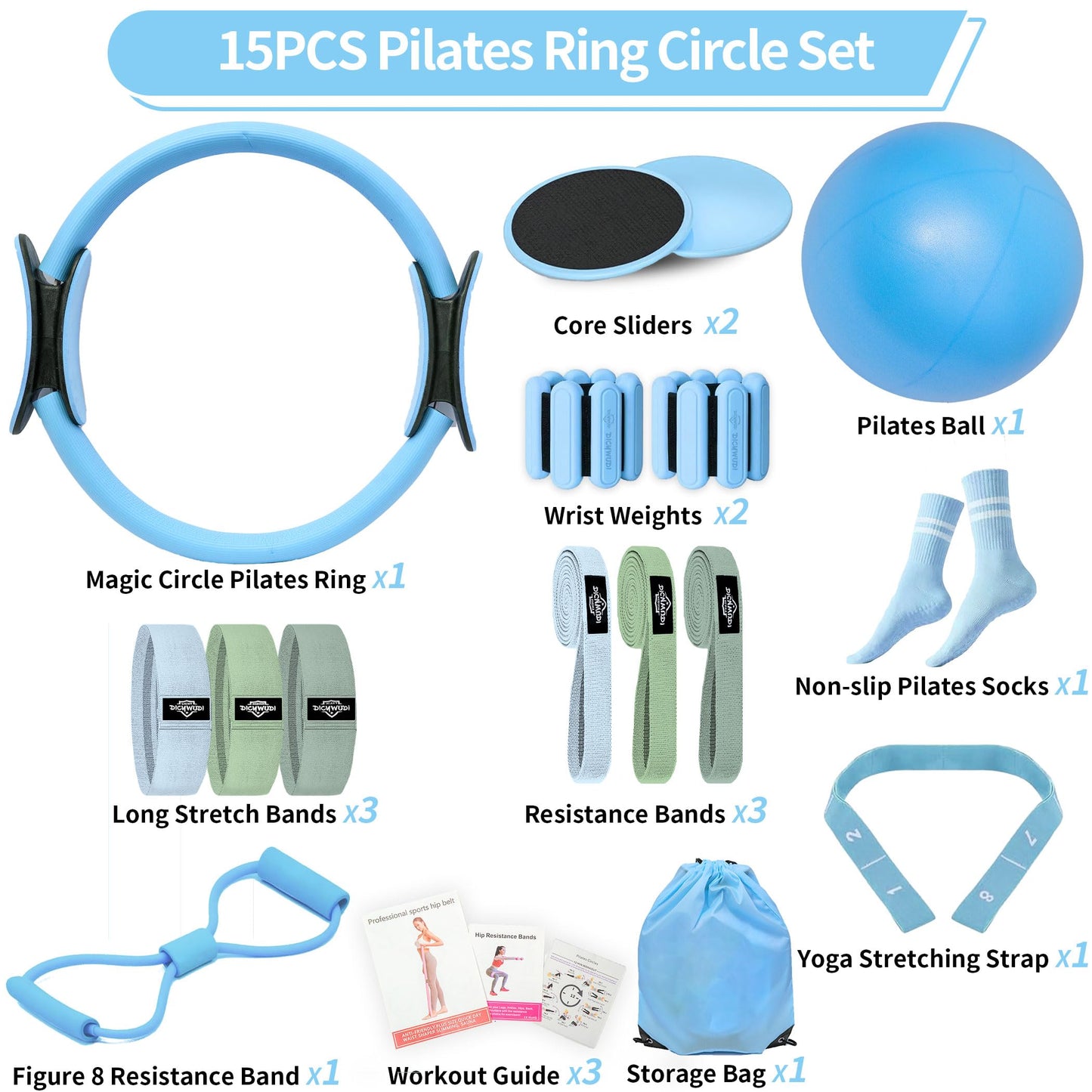 DICYWUDI Pilates Essentials Kit for Home Women, Pilates Equipment for Workouts, 6 Fabric Resistance Bands, 12 Inch Magic Circle Yoga Ring, Mini Exercise Ball, Great Exercise Accessories