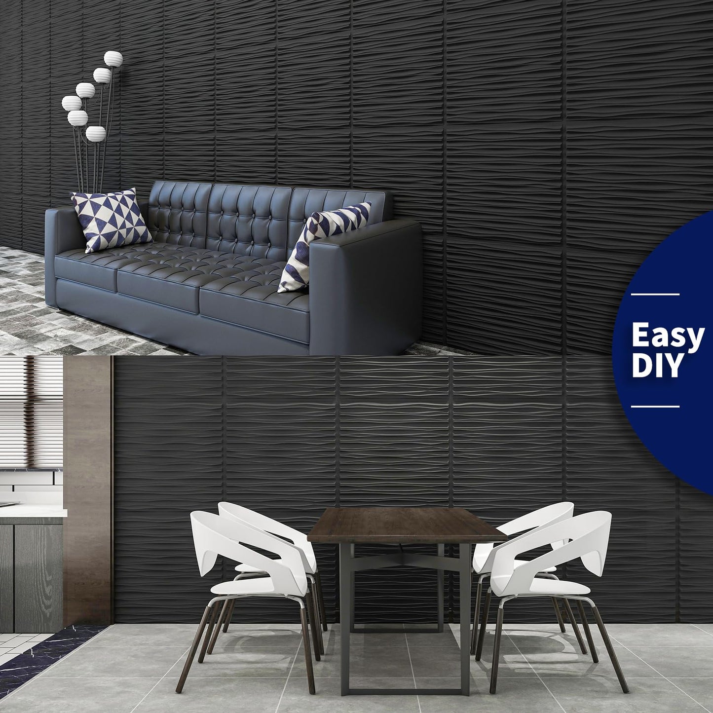 Art3dwallpanels Ceiling Tiles 24 x 24 for Interior Wall Décor, 12 Pack Drop Ceiling Tile 3D Wall Panel Fire Rated Waterproof Premium PVC, No Sag and Breakage Wall Panels Cover 48.Sq.Ft. Black