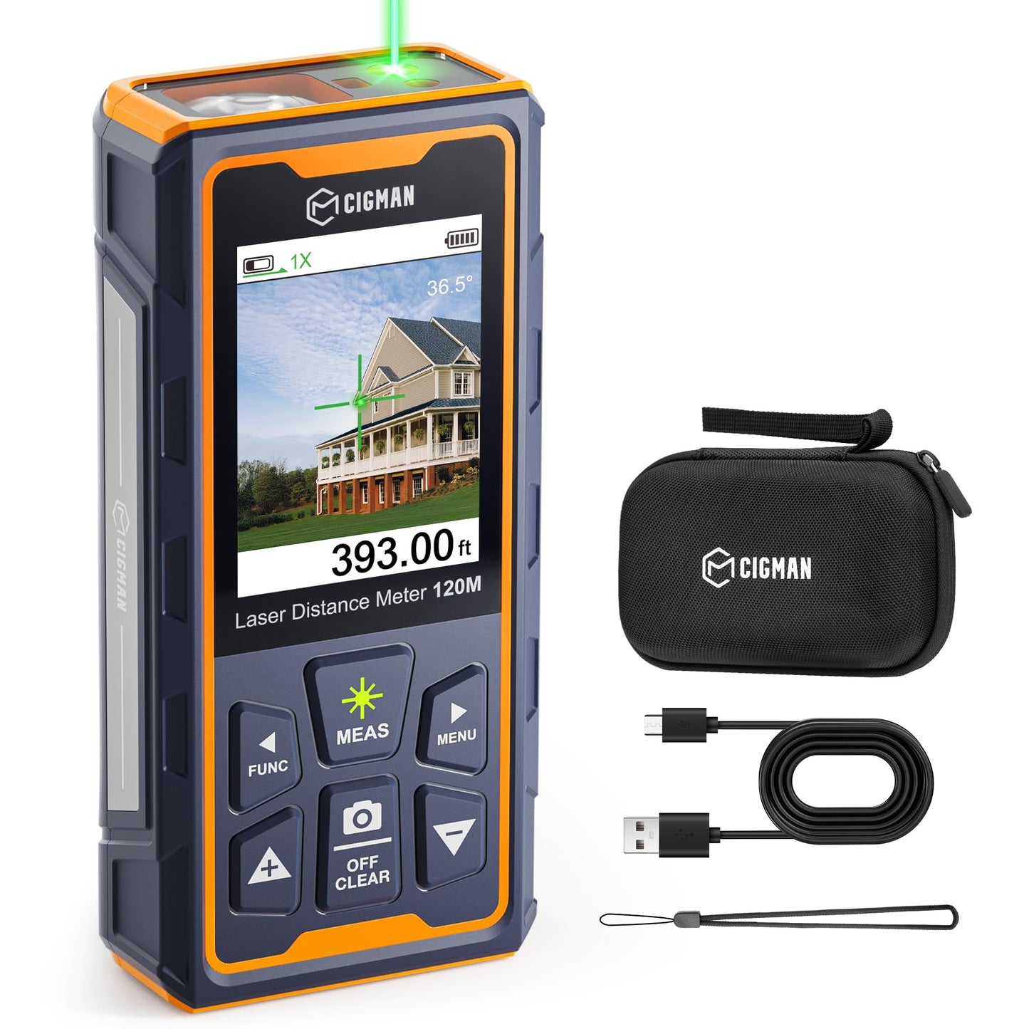 Laser Measuring Tool, CIGMAN 393ft Green-Beam Laser Measure, Outdoor Laser Measurement Tool with 4X Camera, P2P Technology, IP68, Rechargeable Laser Distance Meter, Length, Area, Volume, Angle Sensor