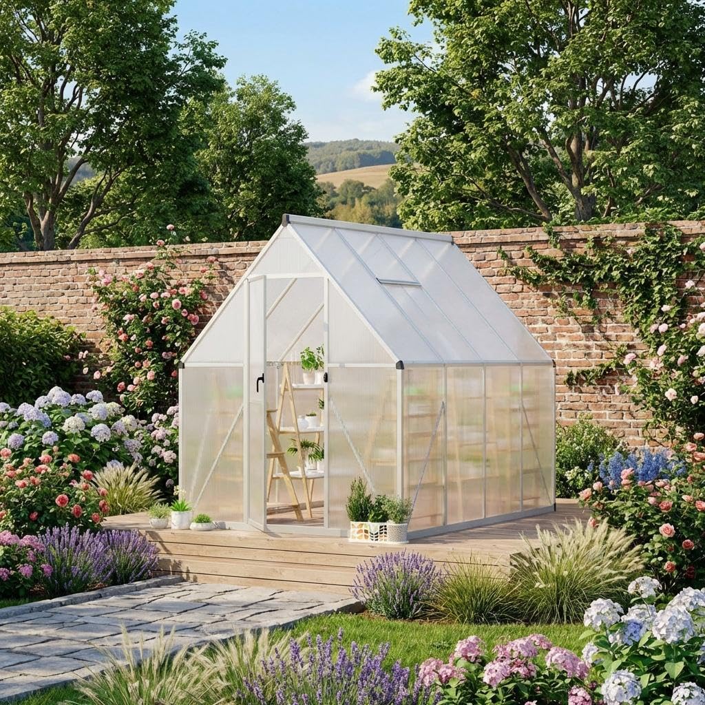 6x7 FT Heavy Duty Aluminum Polycarbonate Greenhouse – Large Walk-in Structure, Quick Setup, Roof Vent, Lockable Door, Rain Gutter – Ideal for Patio, Backyard, Garden – Silver