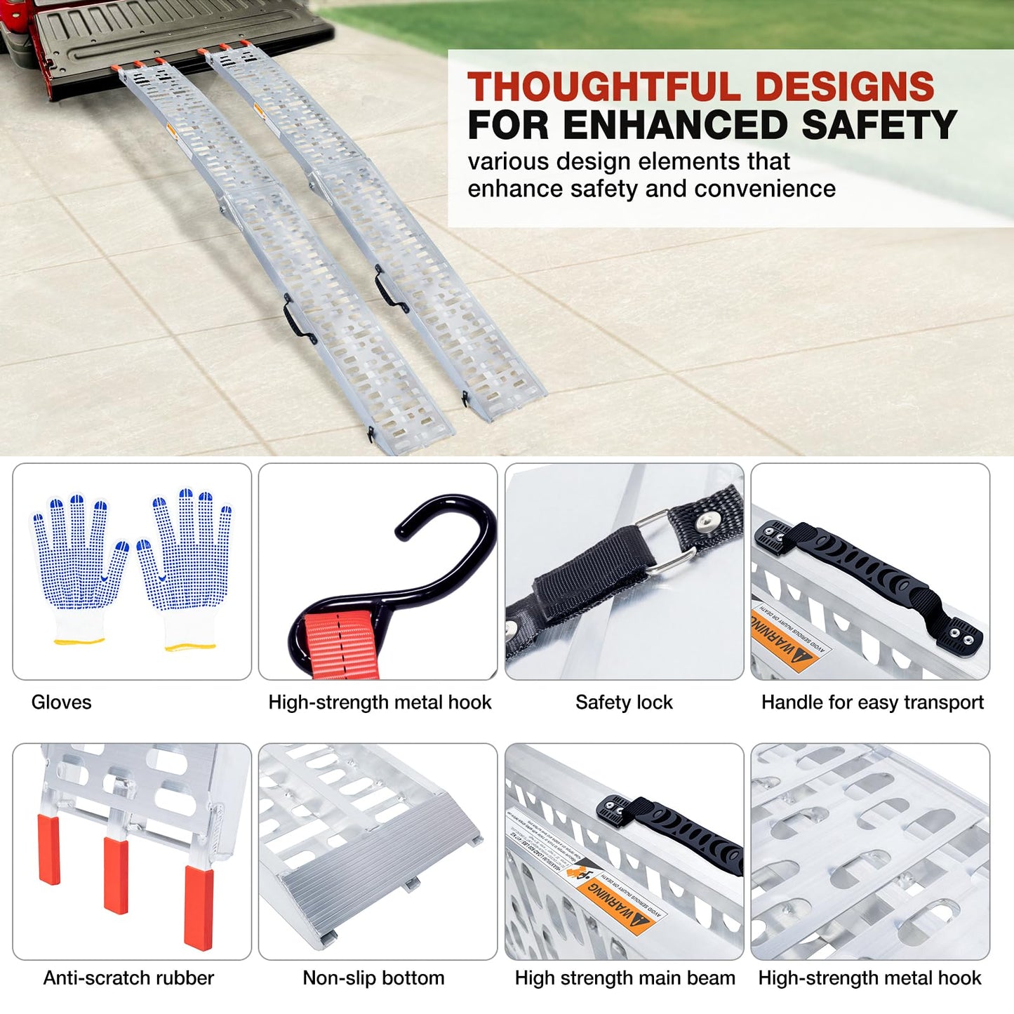 1840lb Capacity Truck Ramps, Aluminum Folding Loading Ramps for Car, Truck & Trailer Bed - with Load Straps for ATV/UTV, Golf Carts, Lawn Mowers, Go-Karts, Wheelbarrow, Motorcycles