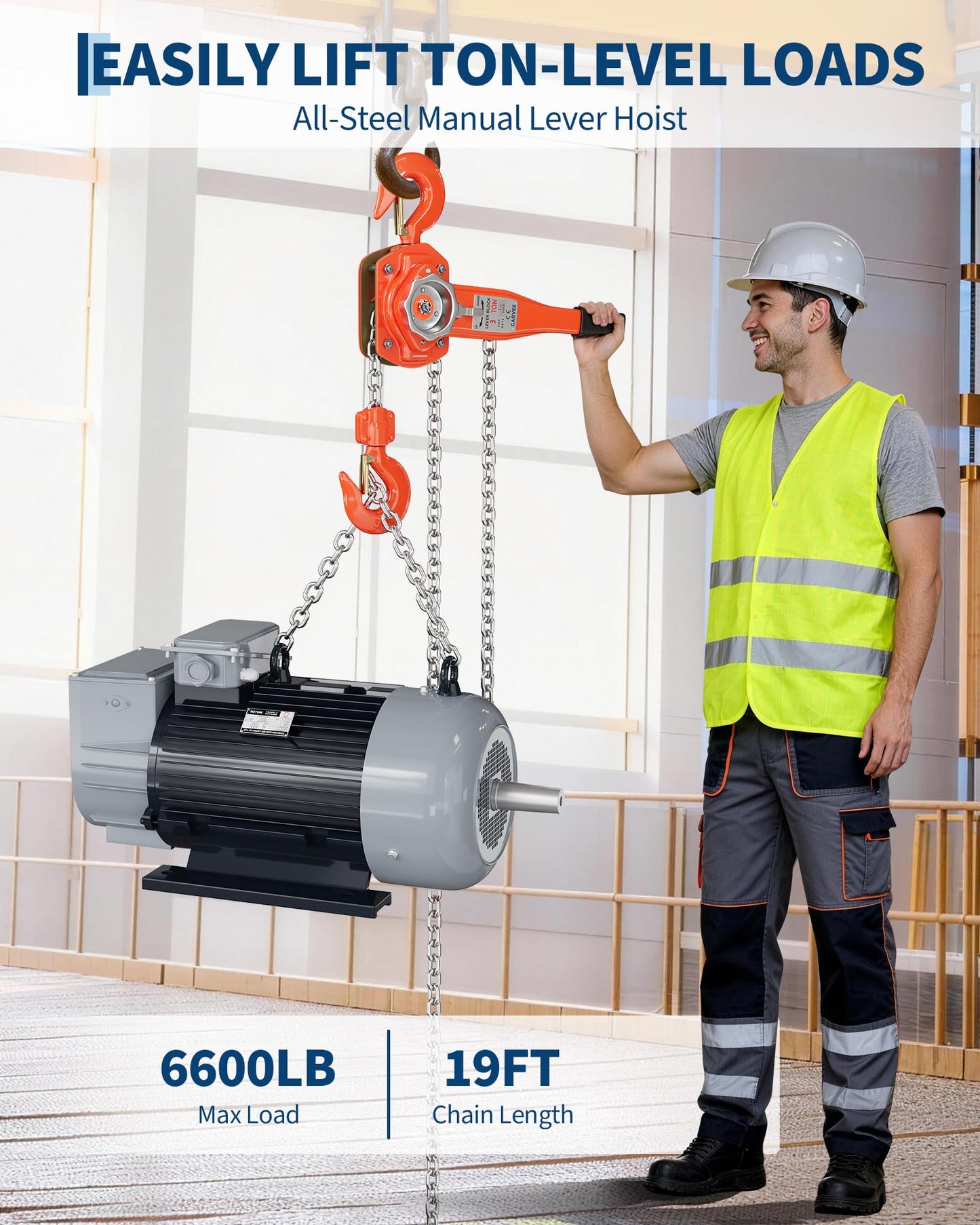 3 Ton (6600 LBS) Manual Lever Chain Hoist, 20 ft Heavy Duty G80 Galvanized Steel Come Along with Double-Pawl Brake & 360° Rotating Hooks for Garage Warehouse Construction Factory
