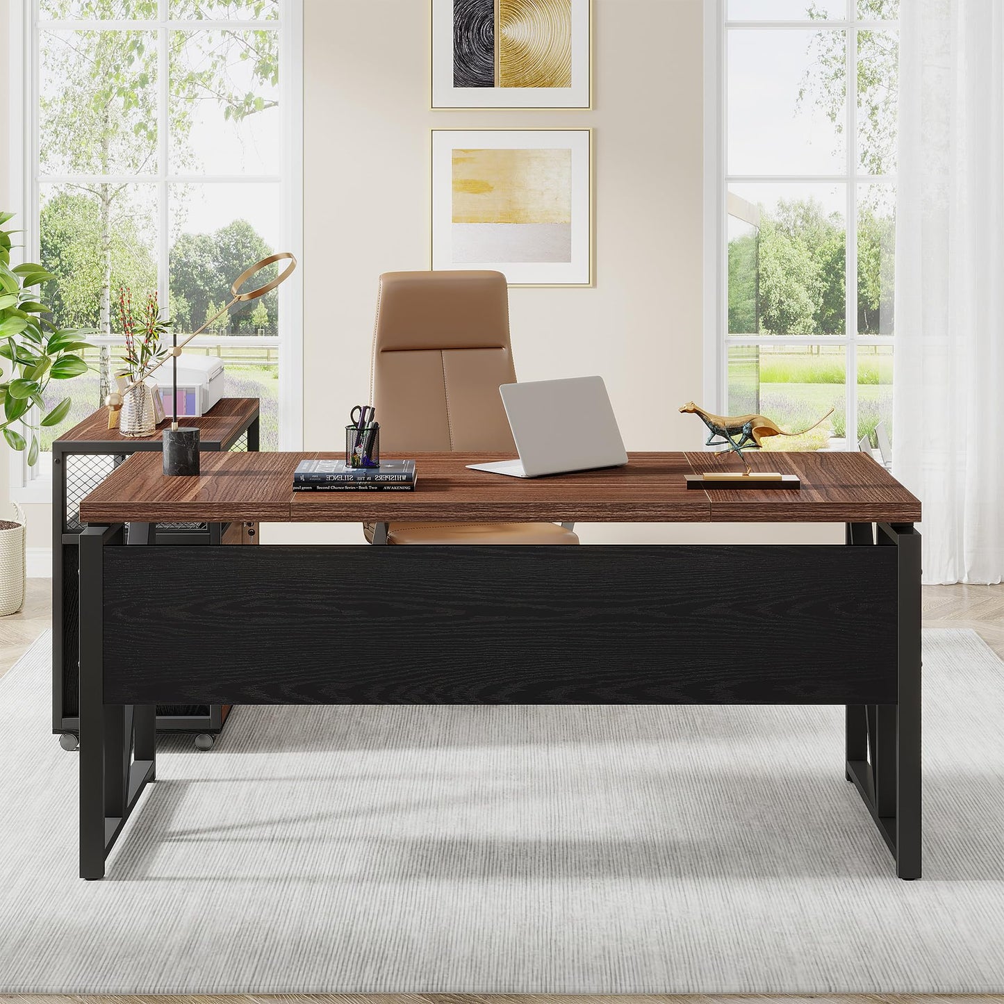 Tribesigns 63" Executive Deskwith Drawer Cabinet, L Shaped Desk and lateral File Cabinet, 2 Piece Home Office Furniture Set with Drawers for Hanging, Doors with Locks (Dark Brown, 63 inches)