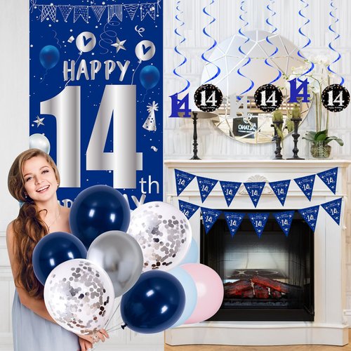 14th Birthday Decorations for Boys Girls, Blue Silver Happy 14th Birthday Party Decorations Supplies - Happy 14 Birthday Backdrop Banner Tablecloth Triangle Flag Balloons for 14 Year Old Bday Party