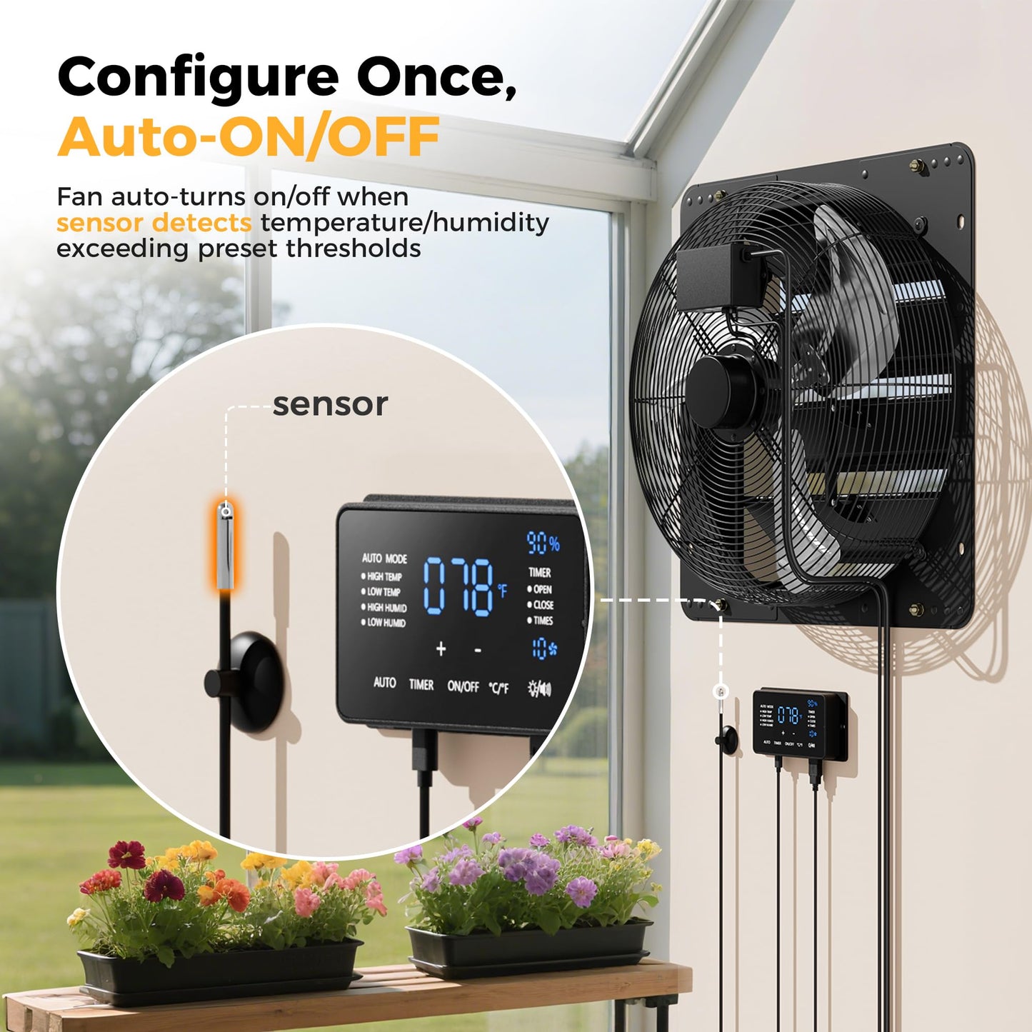 CAMMOO 18 Inch EC Motor Shutter Exhaust Fan, 6 Inch Large Touchscreen Controller for Temp Humidity and Speed Control, 10-Speed Wall Mount Fan for Attic, Greenhouse, Garage, Chicken Coop Ventilation