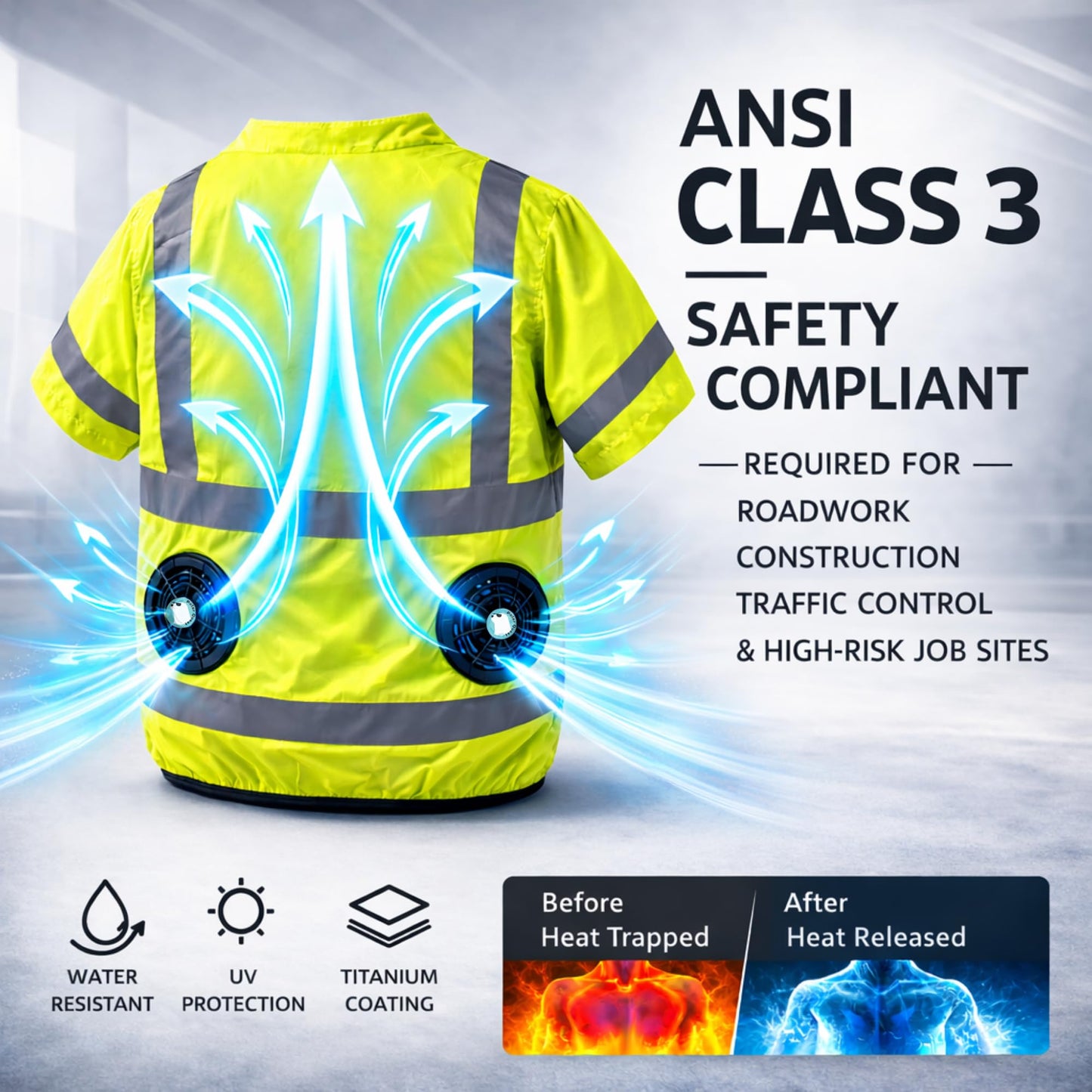 POLAR QUEST SHOP Class 3 Cooling Fan Safety Shirt (Half Sleeve) | Hi-Vis Reflective Work Shirt with Fans & Battery for Construction & Outdoor Work - Extra Large