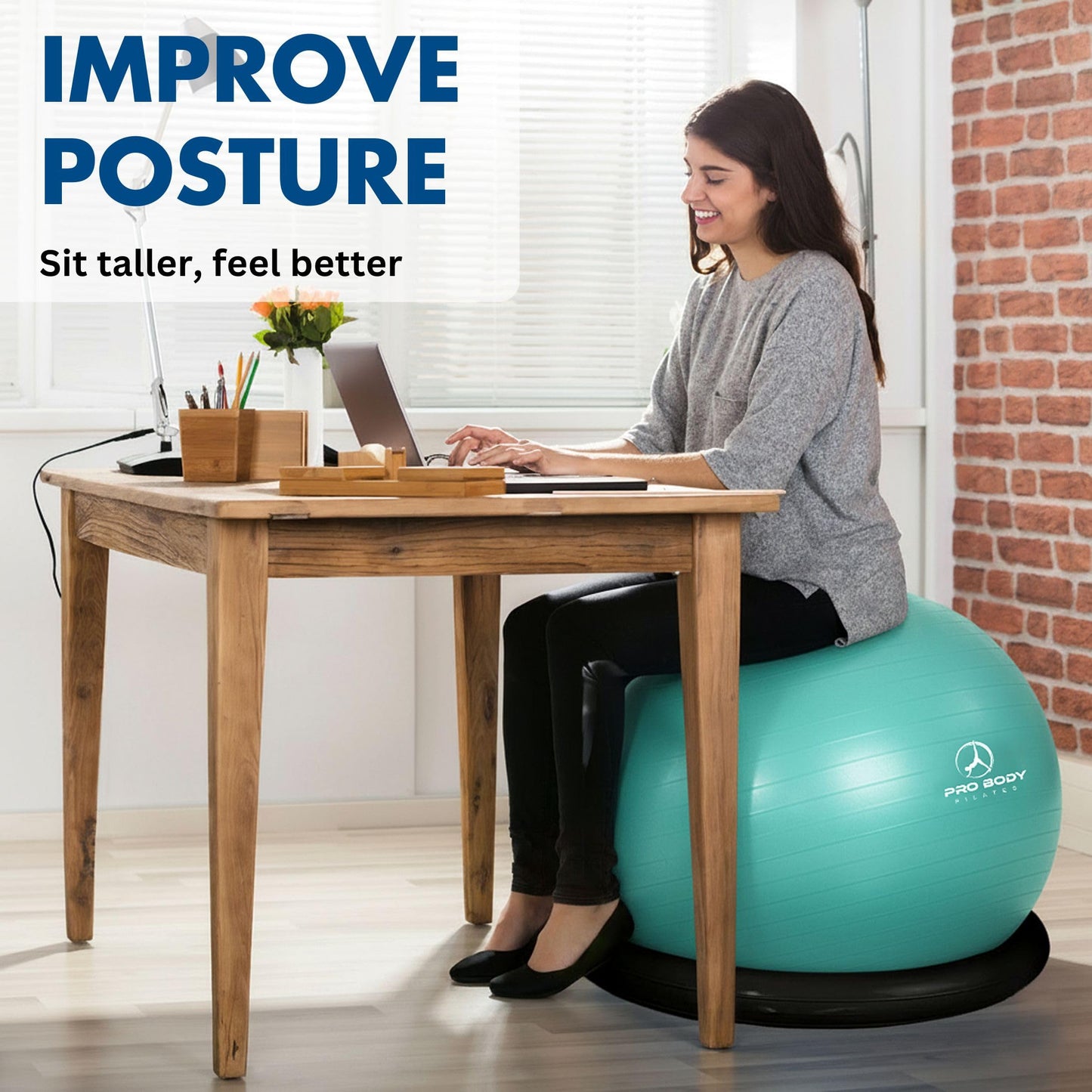 ProBody Pilates Yoga Ball Chair, Exercise Ball Chair with Base or Stand for Home Office Desk Sitting or Workout, Balance Ball & Stability Ball Seat for Back, abs (Aqua, 23-26 inches/58-65 cm)