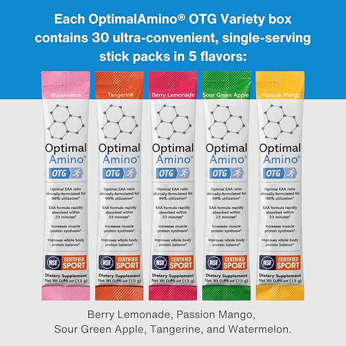 OTG Stick Packs, 5 Flavor Variety Box (30 Count), 99% Utilized Essential Amino Acid (EAA) Supplement, Increase Muscle Recovery, Vegan/Keto Pre/Post Workout, NSF Certified for Sport