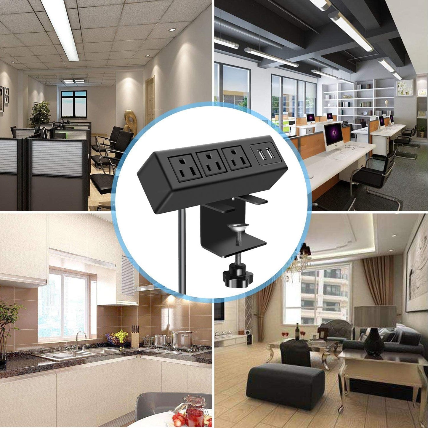 CCCEI 3 1200J. 125V 12A 1500W. Outlet Desk Clamp Power Strip with USB Ports, Desktop Power Strip Surge Protector Table
