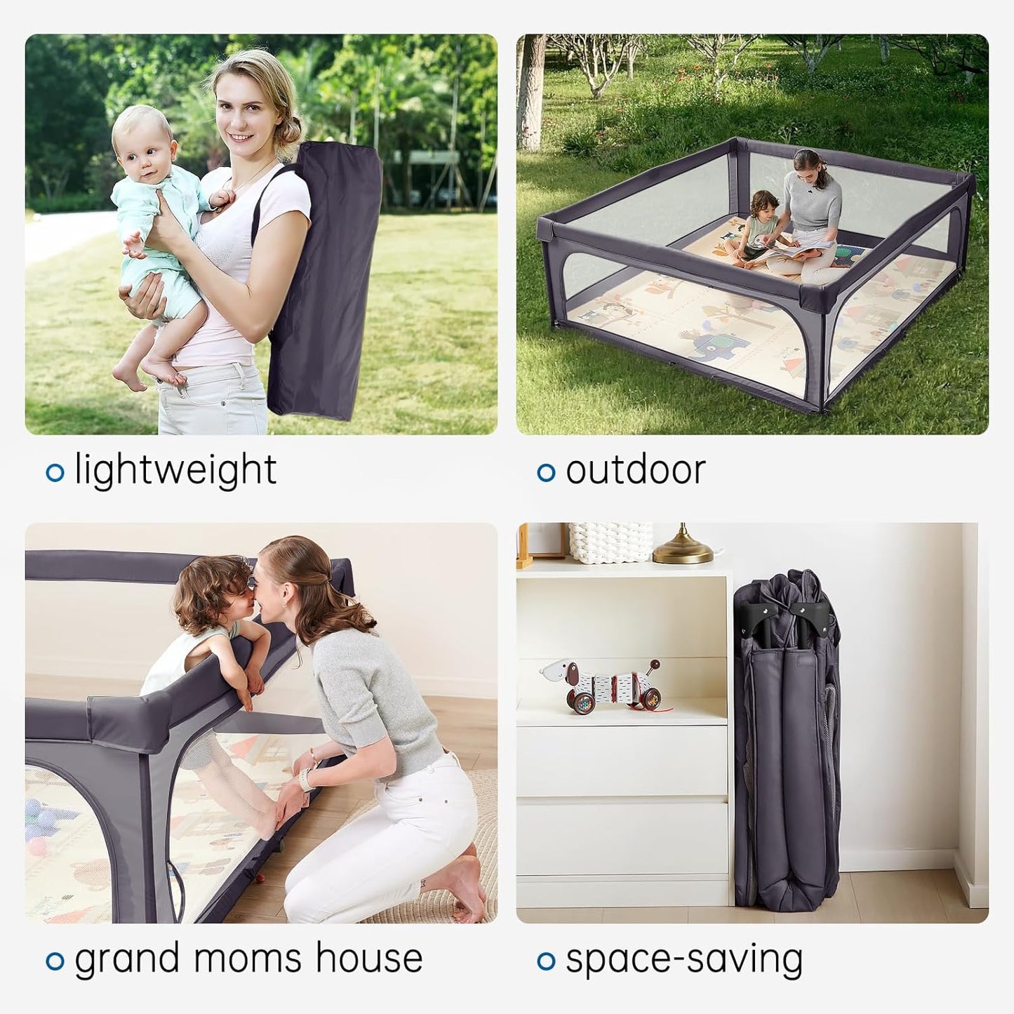 Sweeby Baby Playpen - 59x59 Inch Indoor/Outdoor Play Yard with Door for Babies & Toddlers | Dark Grey